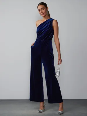 One Shoulder Ruched Velvet Jumpsuit