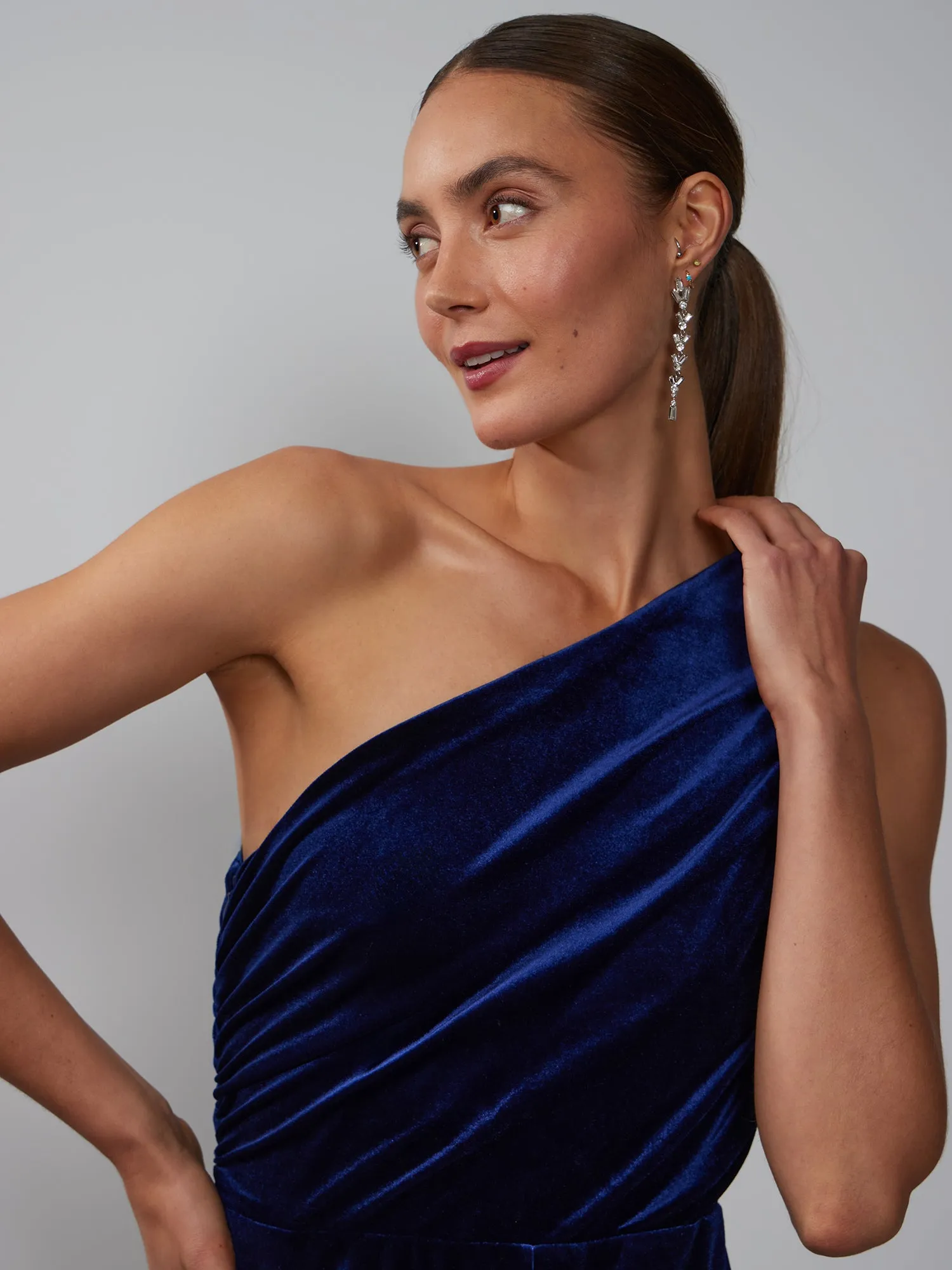 One Shoulder Ruched Velvet Jumpsuit