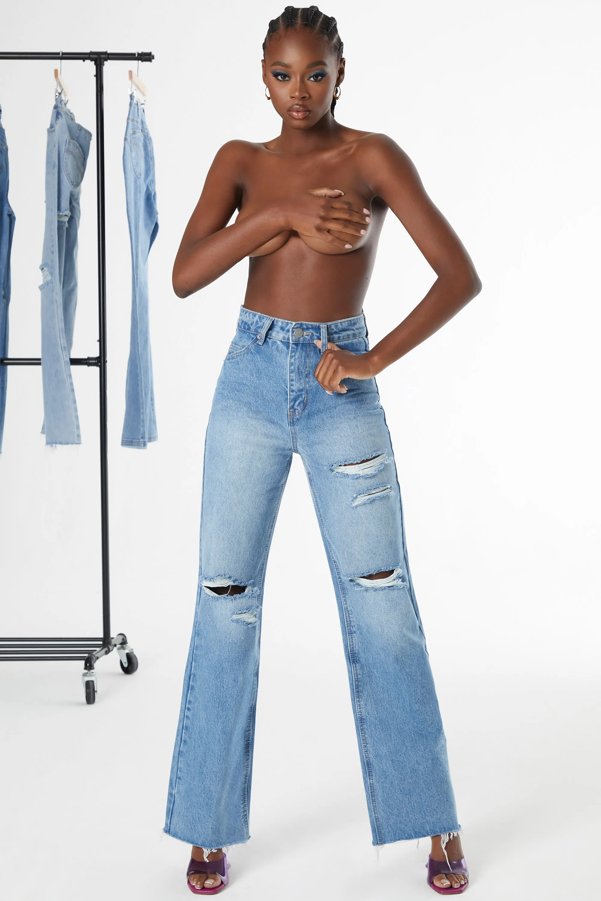 Petite Ultra Distressed Wide Leg Jeans in Medium Blue Wash