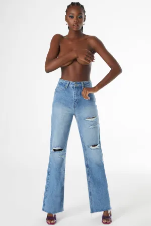 Petite Ultra Distressed Wide Leg Jeans in Medium Blue Wash