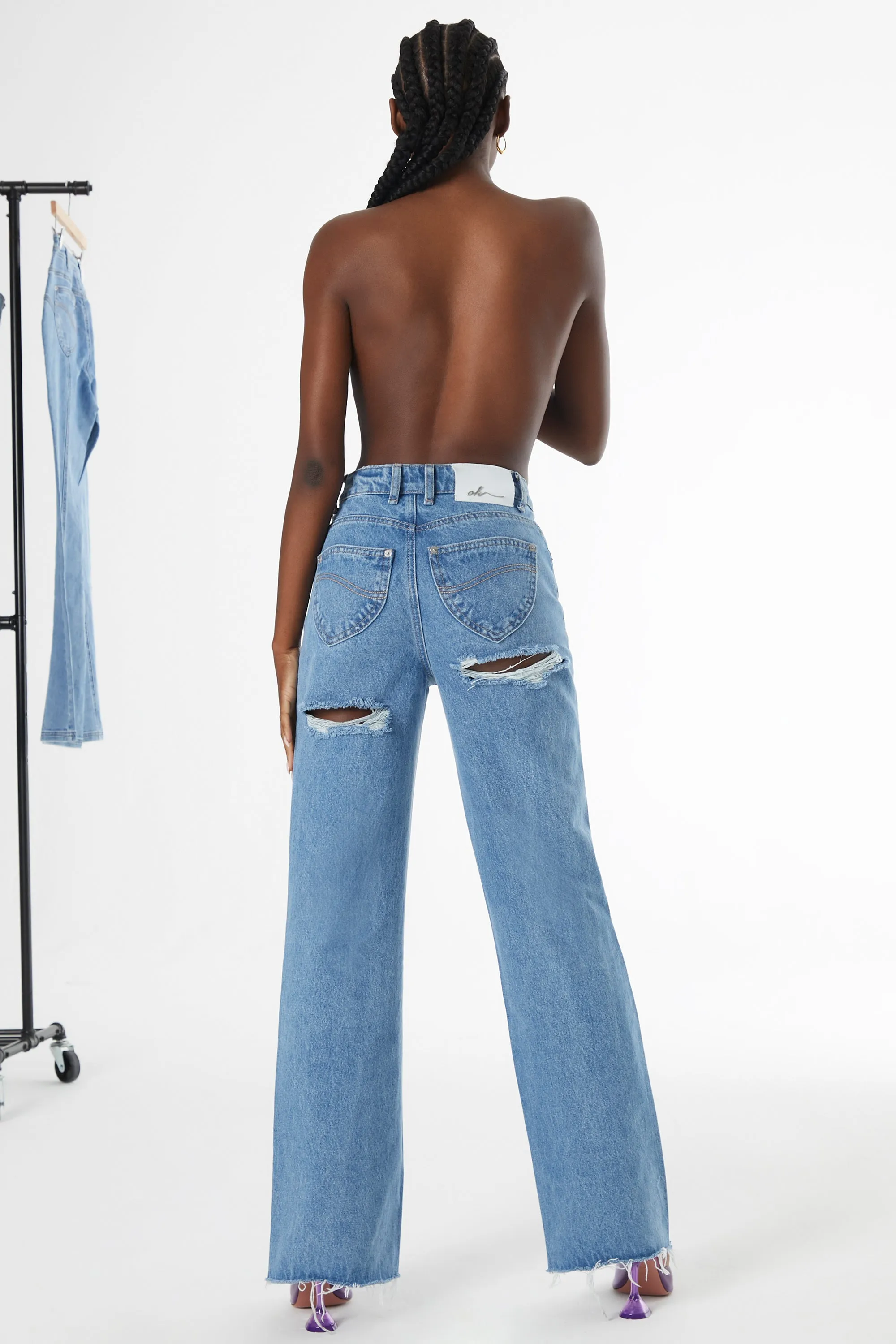 Petite Ultra Distressed Wide Leg Jeans in Medium Blue Wash
