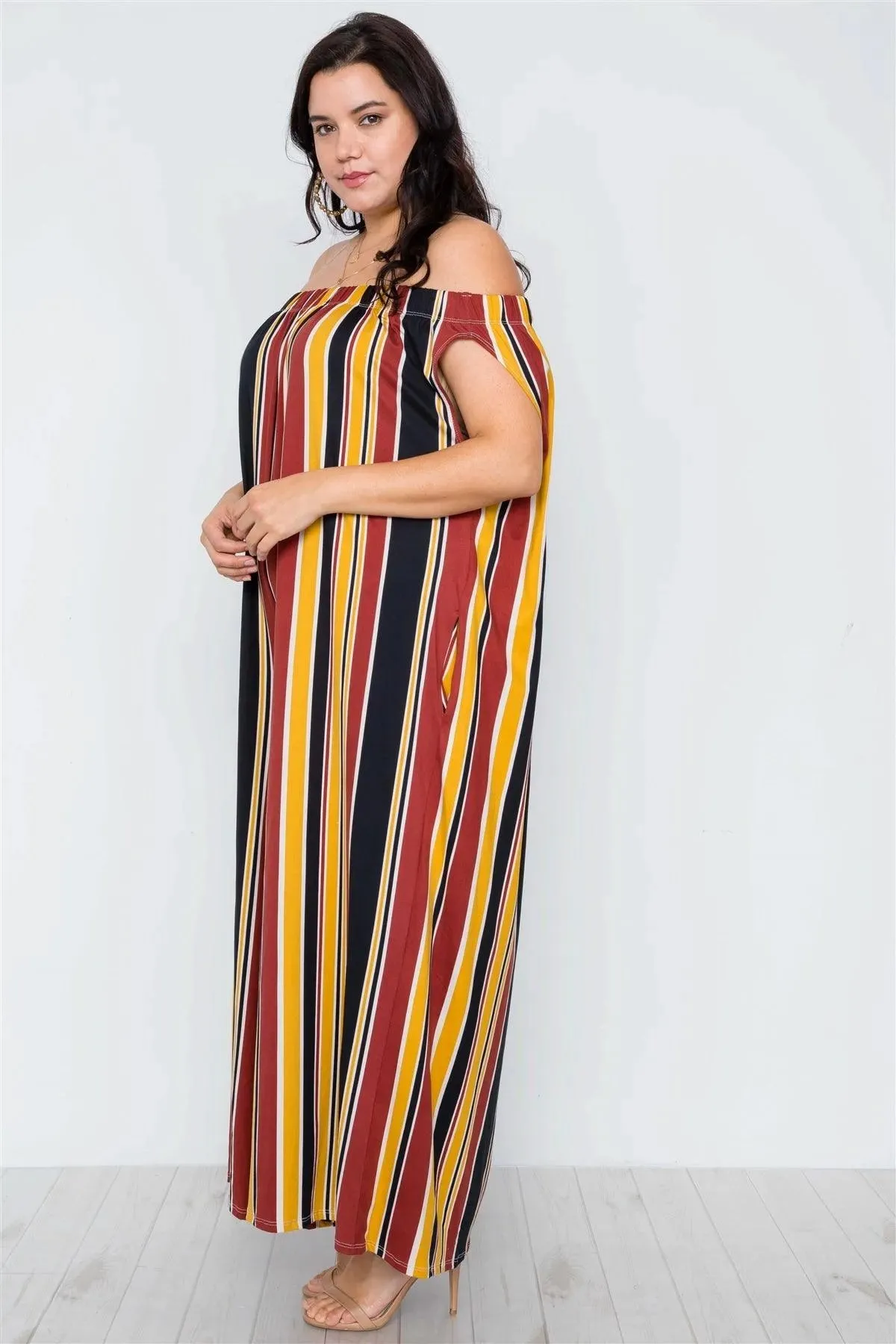 Plus Size Mustard Brown Off-The-Shoulder Stripe Jumpsuit / 2-2-2