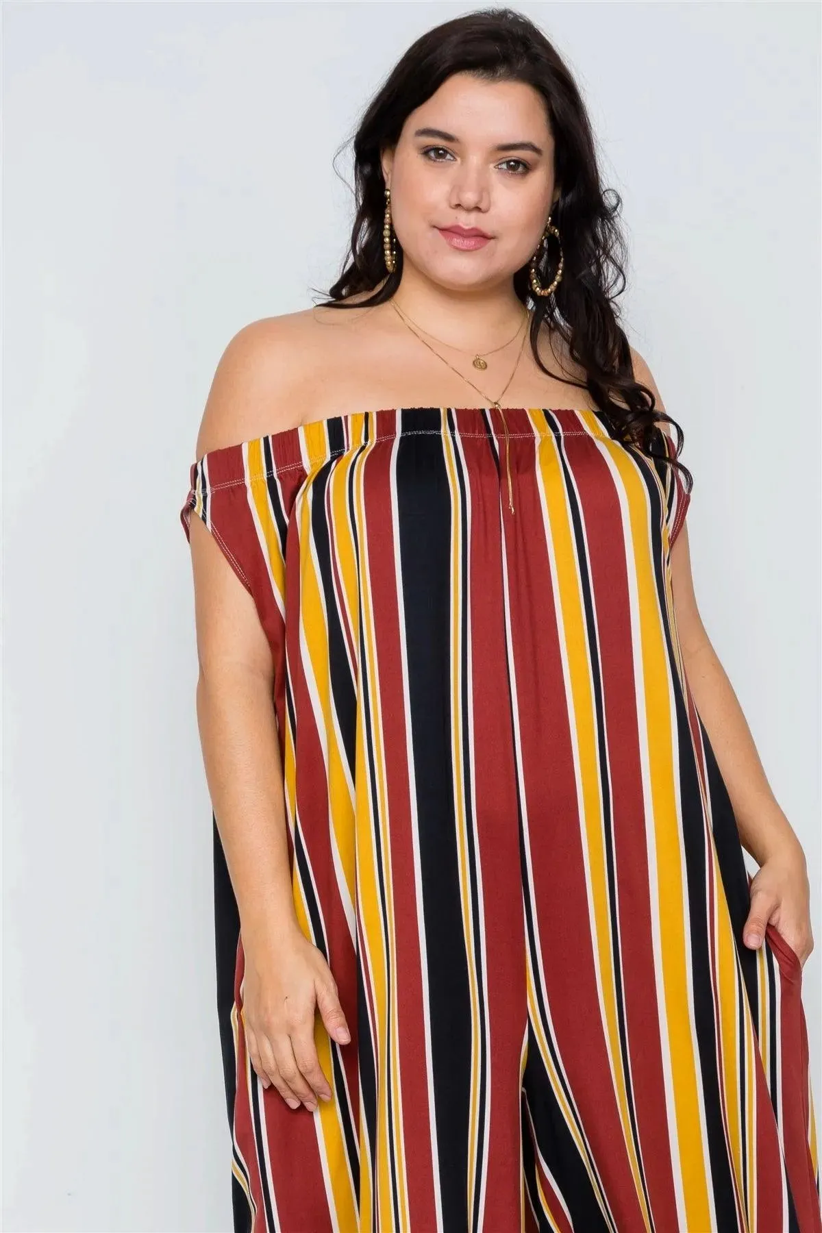 Plus Size Mustard Brown Off-The-Shoulder Stripe Jumpsuit / 2-2-2