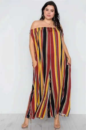 Plus Size Mustard Brown Off-The-Shoulder Stripe Jumpsuit / 2-2-2