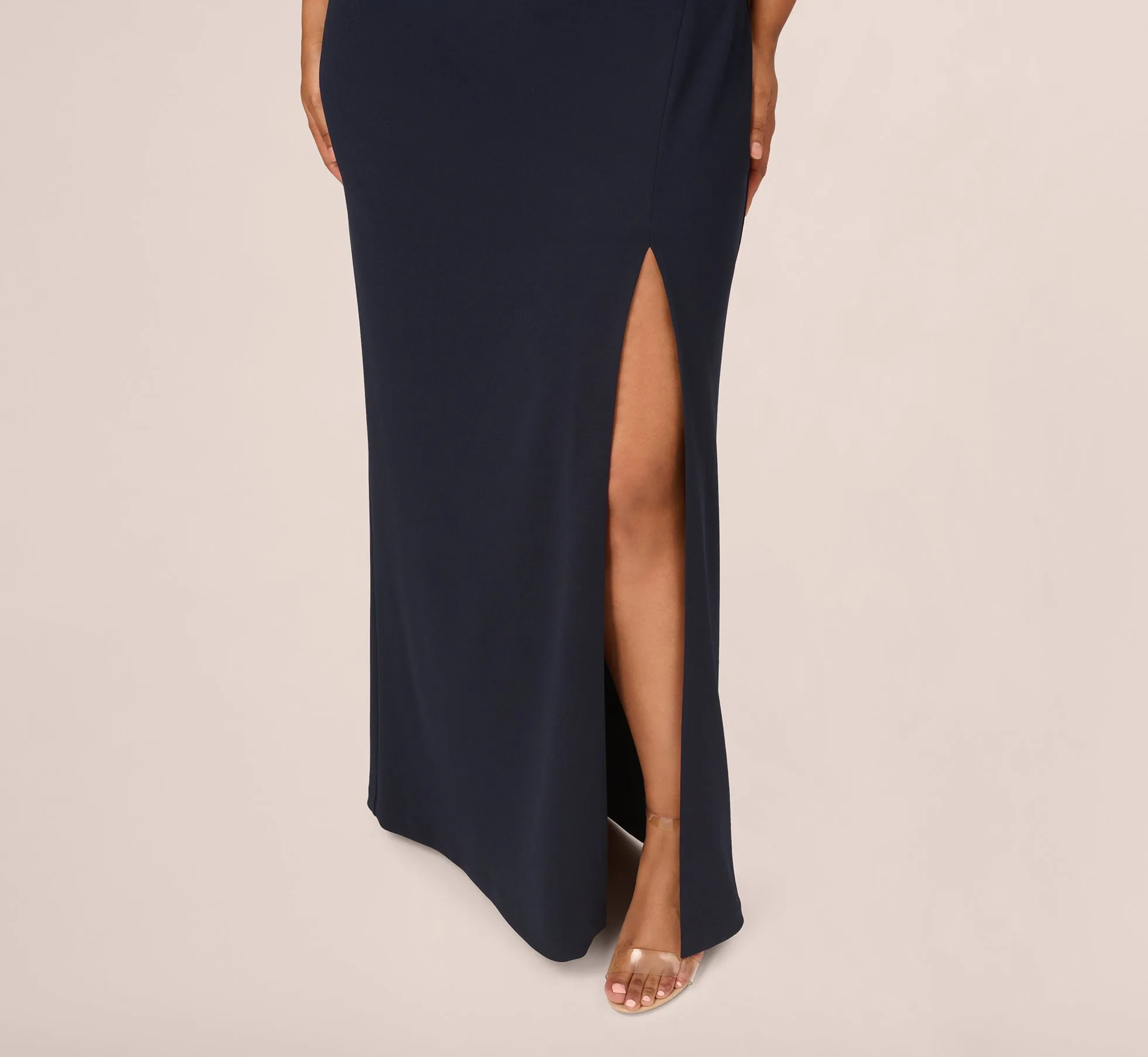Plus Size Off The Shoulder Crepe Column Gown With Bow Accents In Twilight