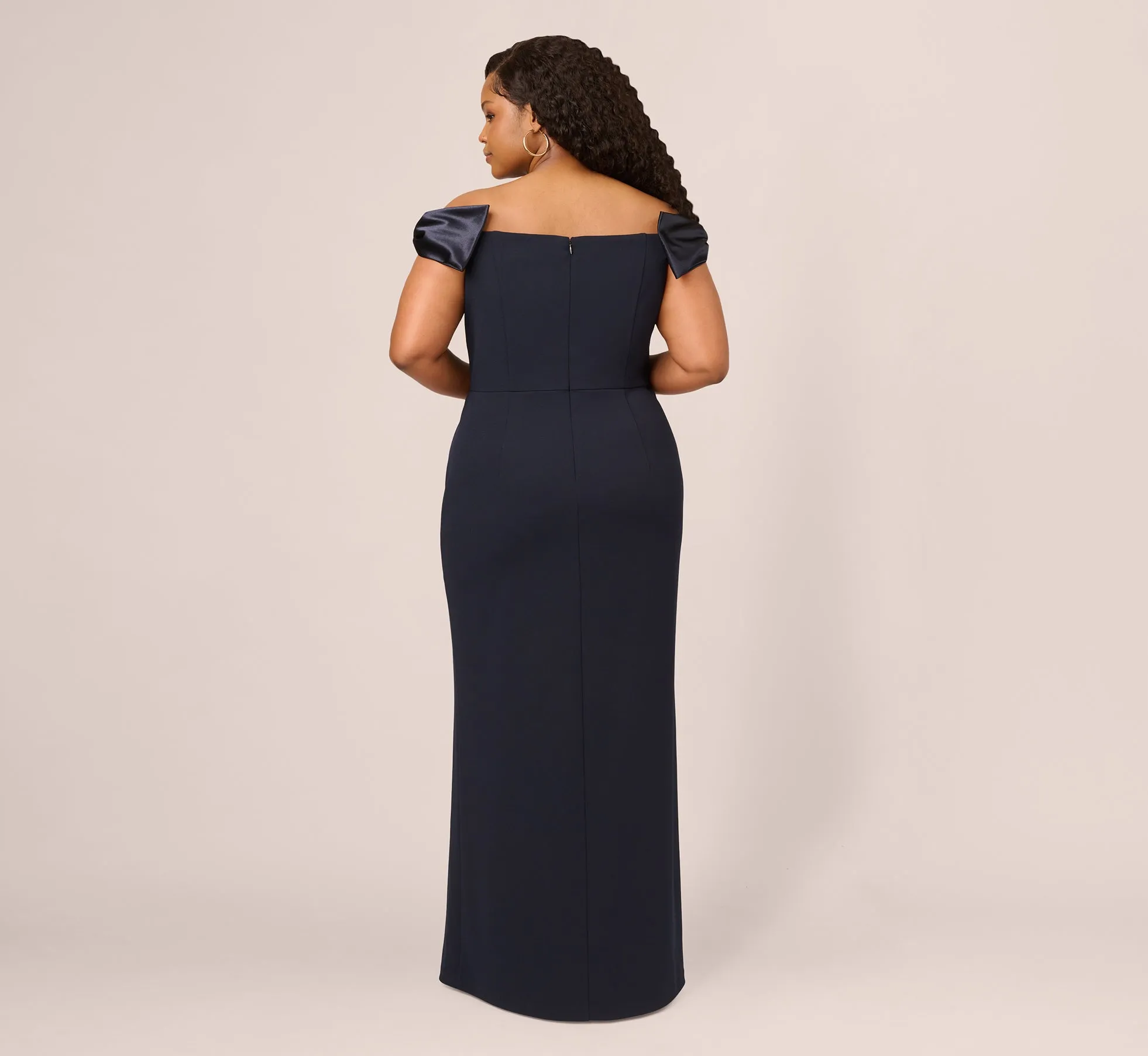 Plus Size Off The Shoulder Crepe Column Gown With Bow Accents In Twilight