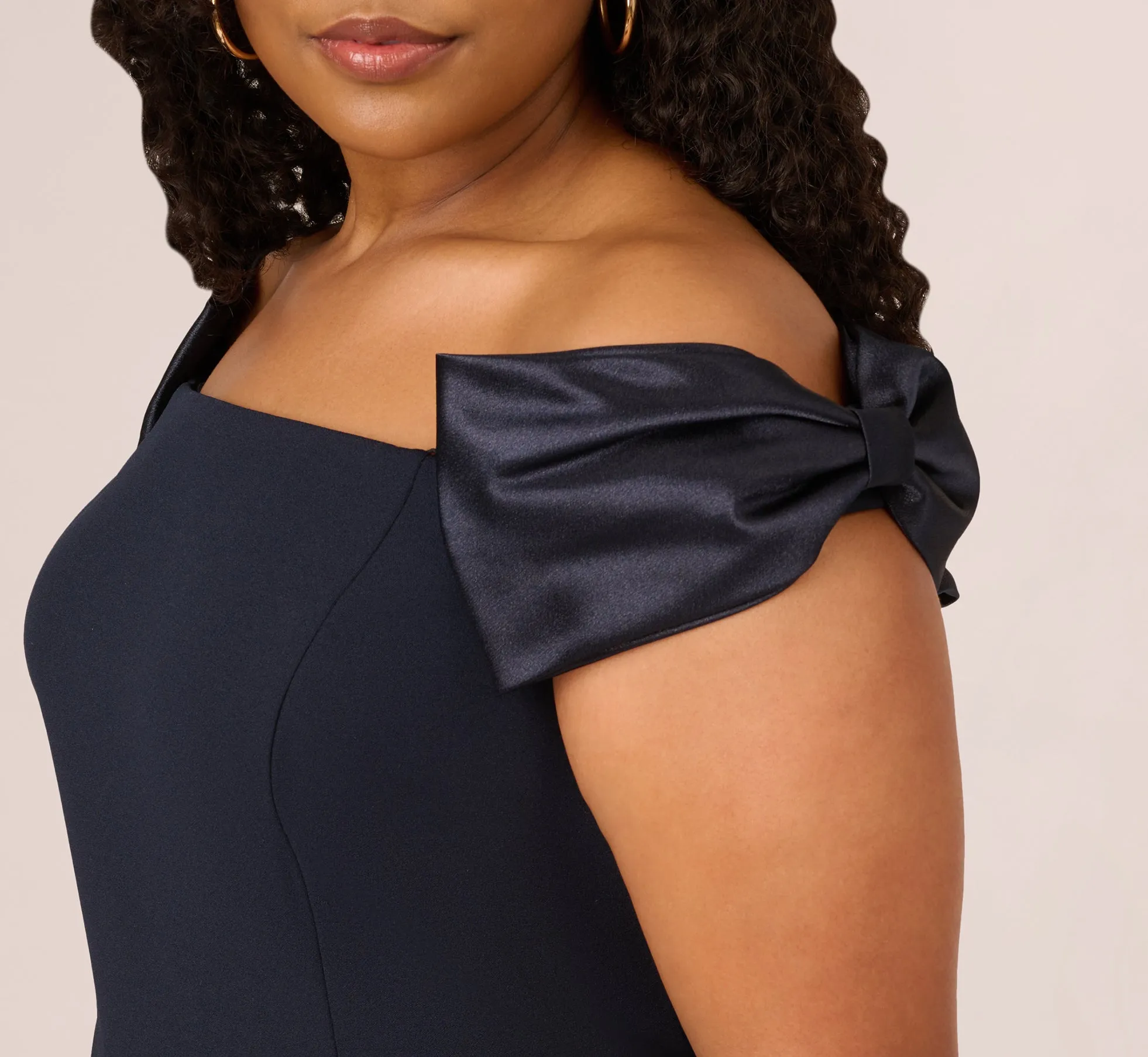 Plus Size Off The Shoulder Crepe Column Gown With Bow Accents In Twilight