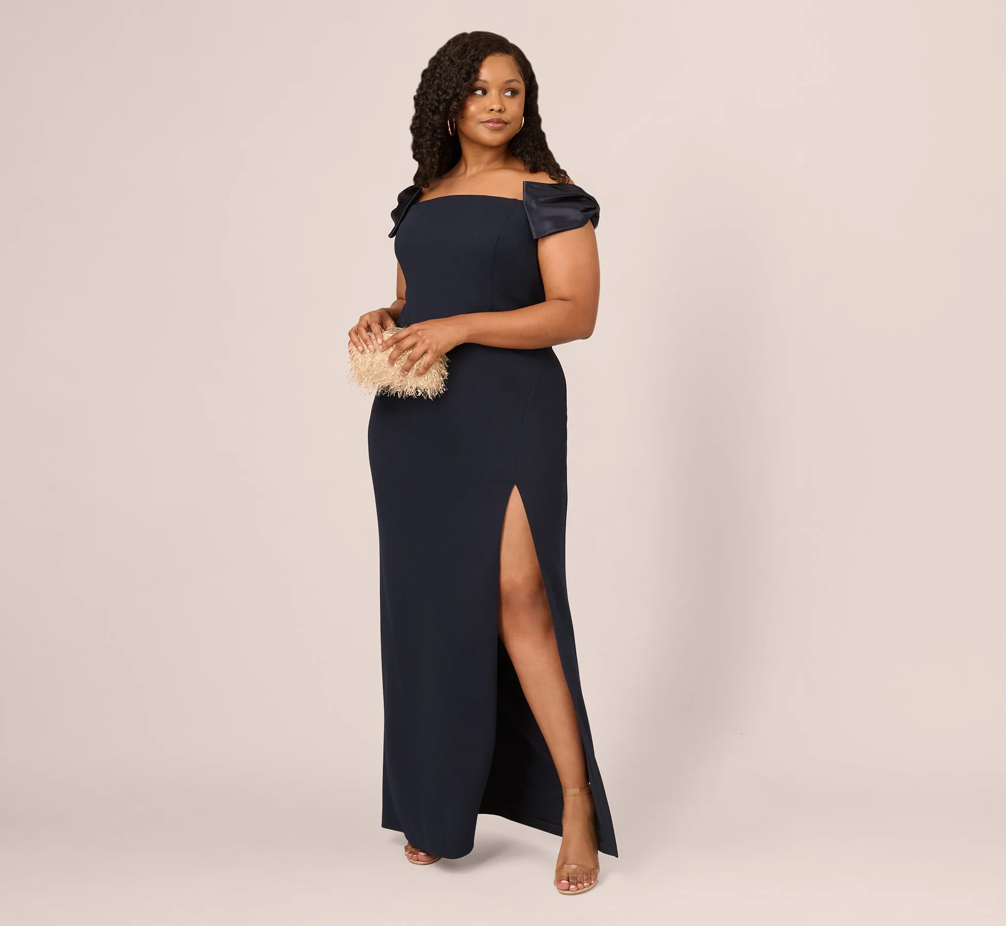 Plus Size Off The Shoulder Crepe Column Gown With Bow Accents In Twilight