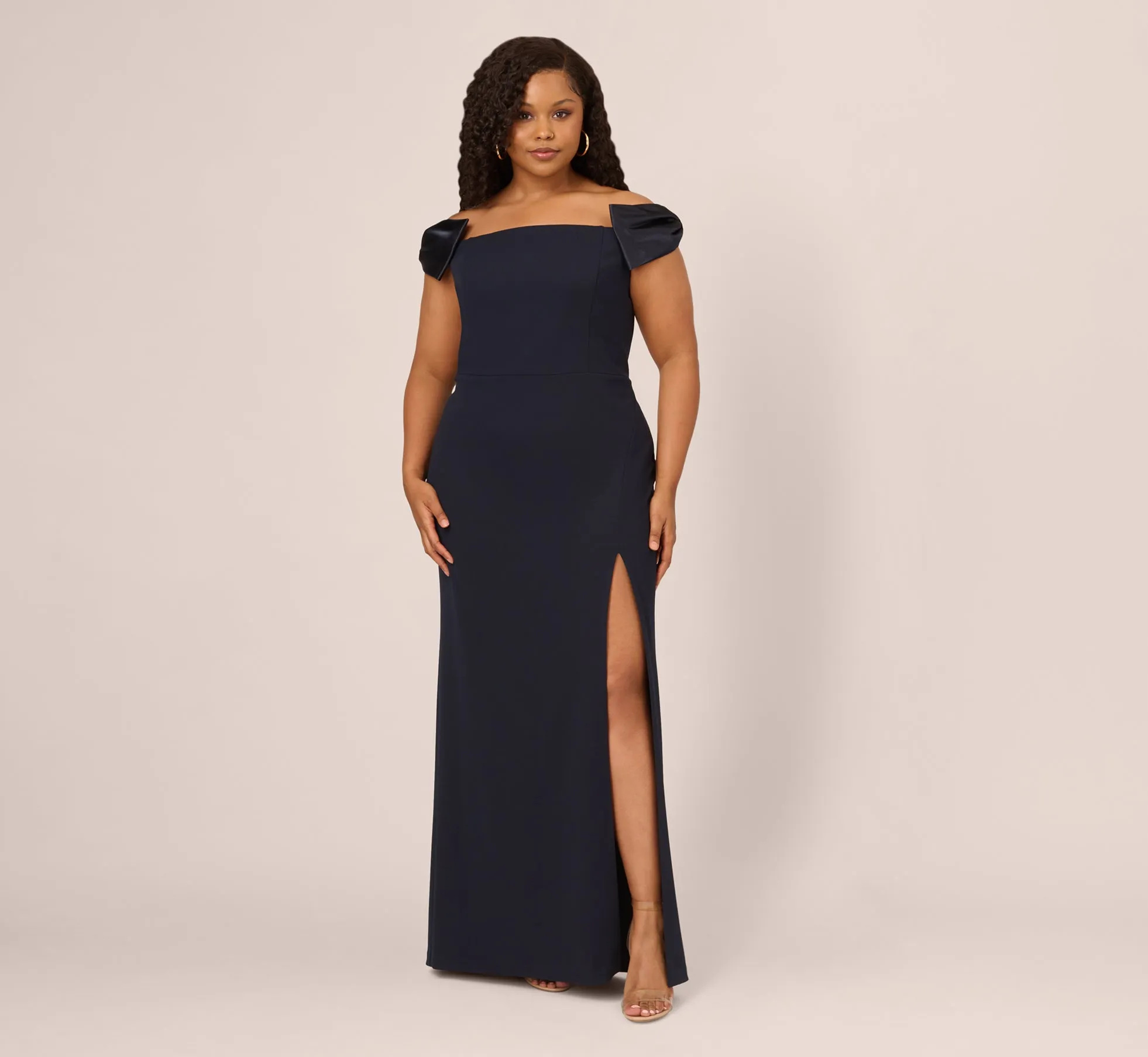 Plus Size Off The Shoulder Crepe Column Gown With Bow Accents In Twilight