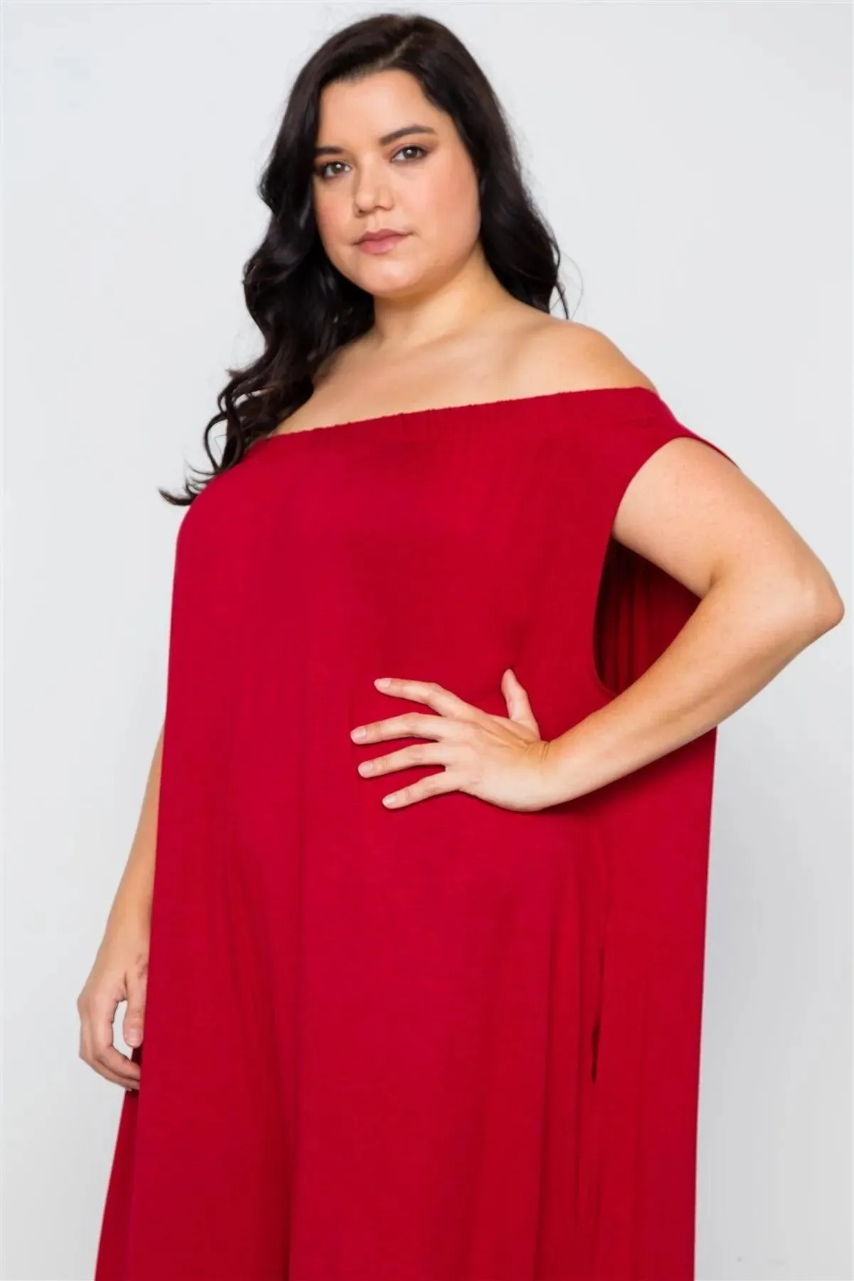Plus Size Red Basic Off-The-Shoulder Jumpsuit /1-2-3