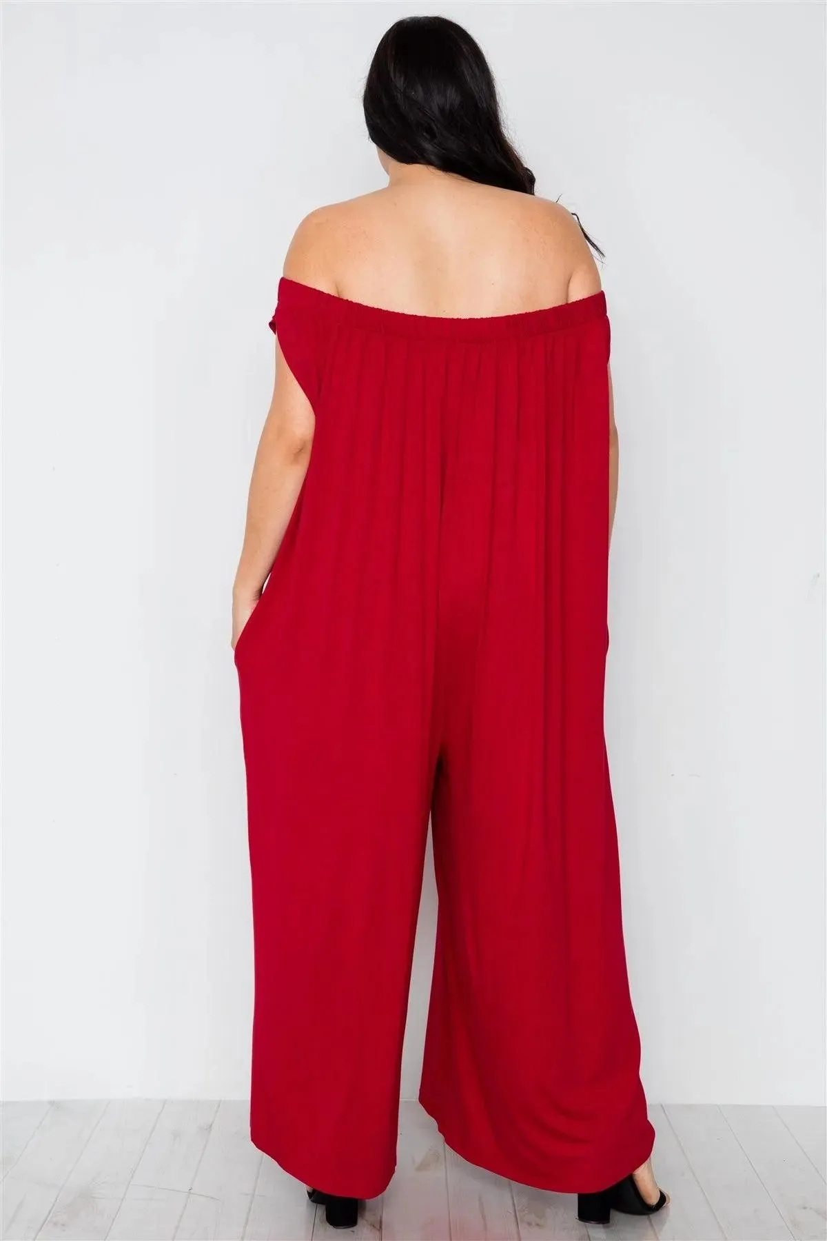 Plus Size Red Basic Off-The-Shoulder Jumpsuit /1-2-3