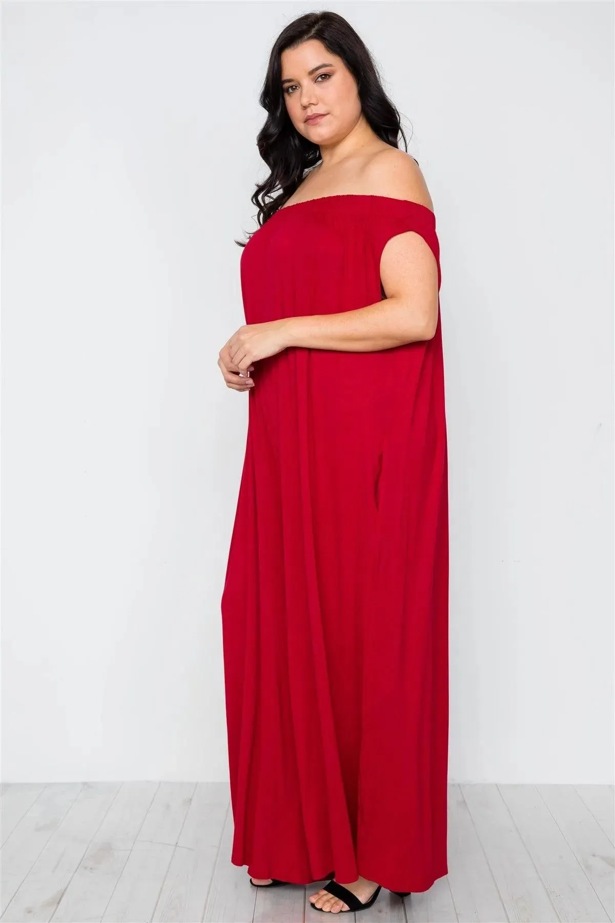 Plus Size Red Basic Off-The-Shoulder Jumpsuit /1-2-3