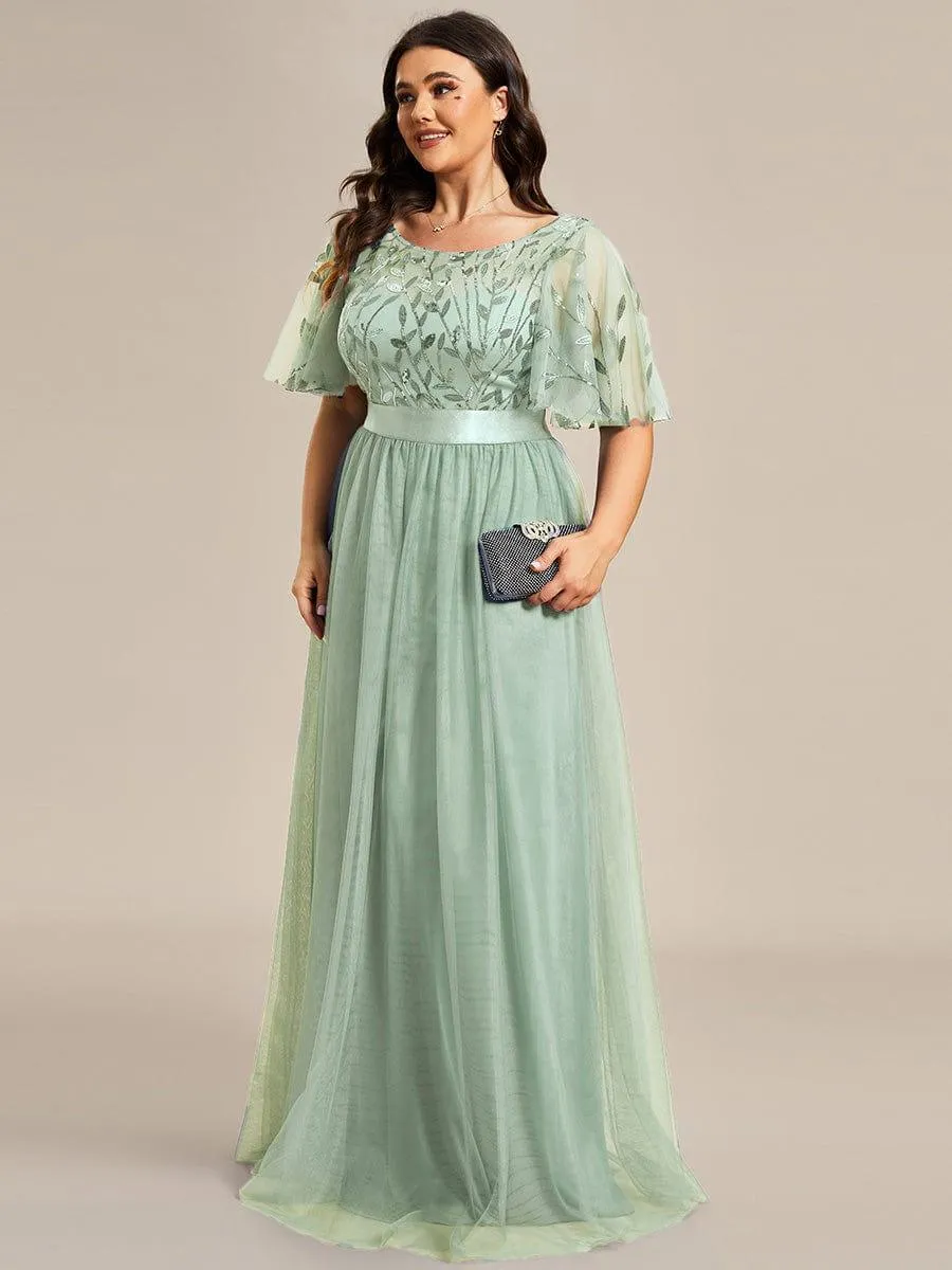 Plus Size Women's Embroidery Evening Dresses with Short Sleeve