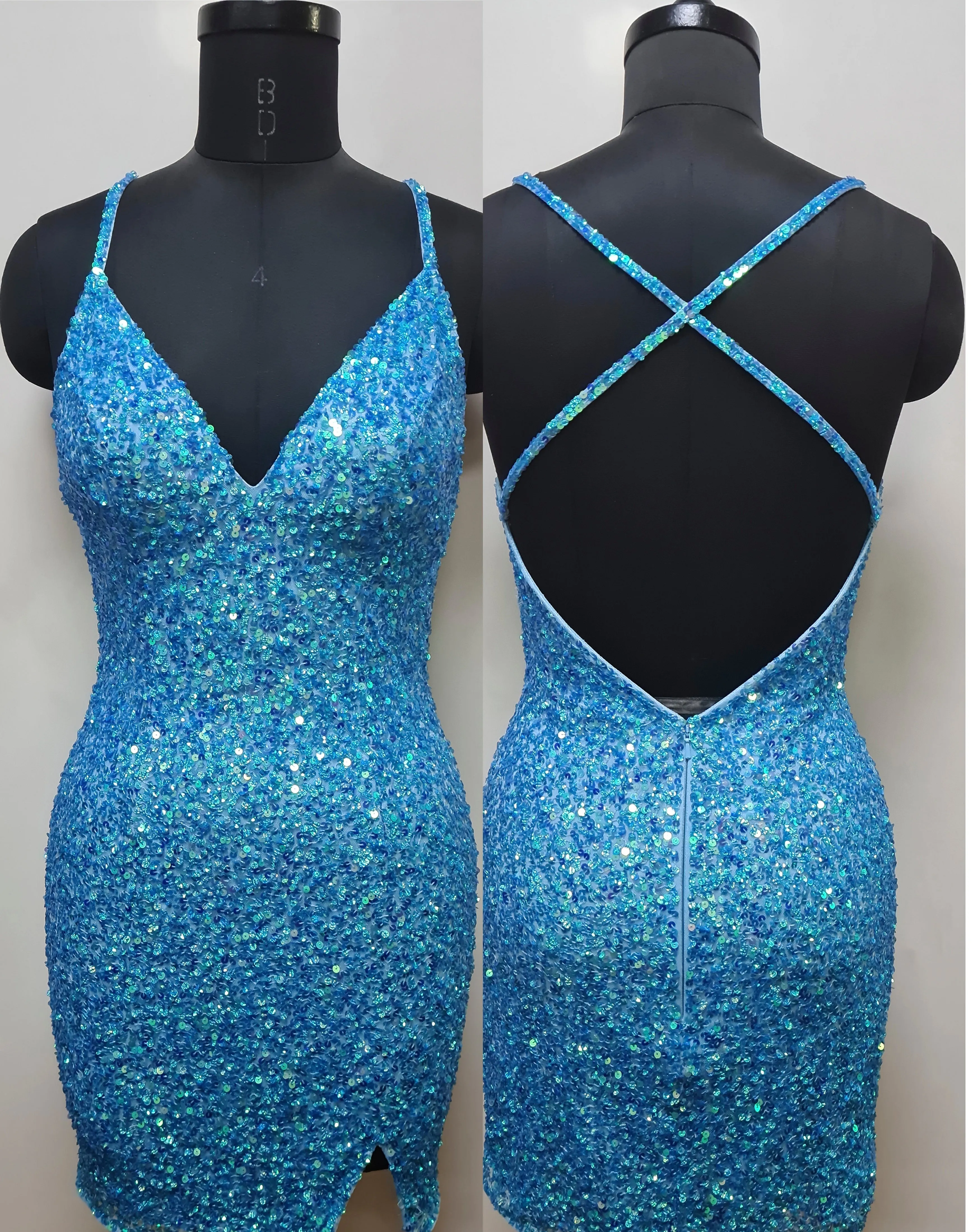 Primavera Couture 3900 Size 8 Crystal Pink Homecoming Dress Sequin Cross Back V-Neck Slit Short Homecoming Cocktail Dress