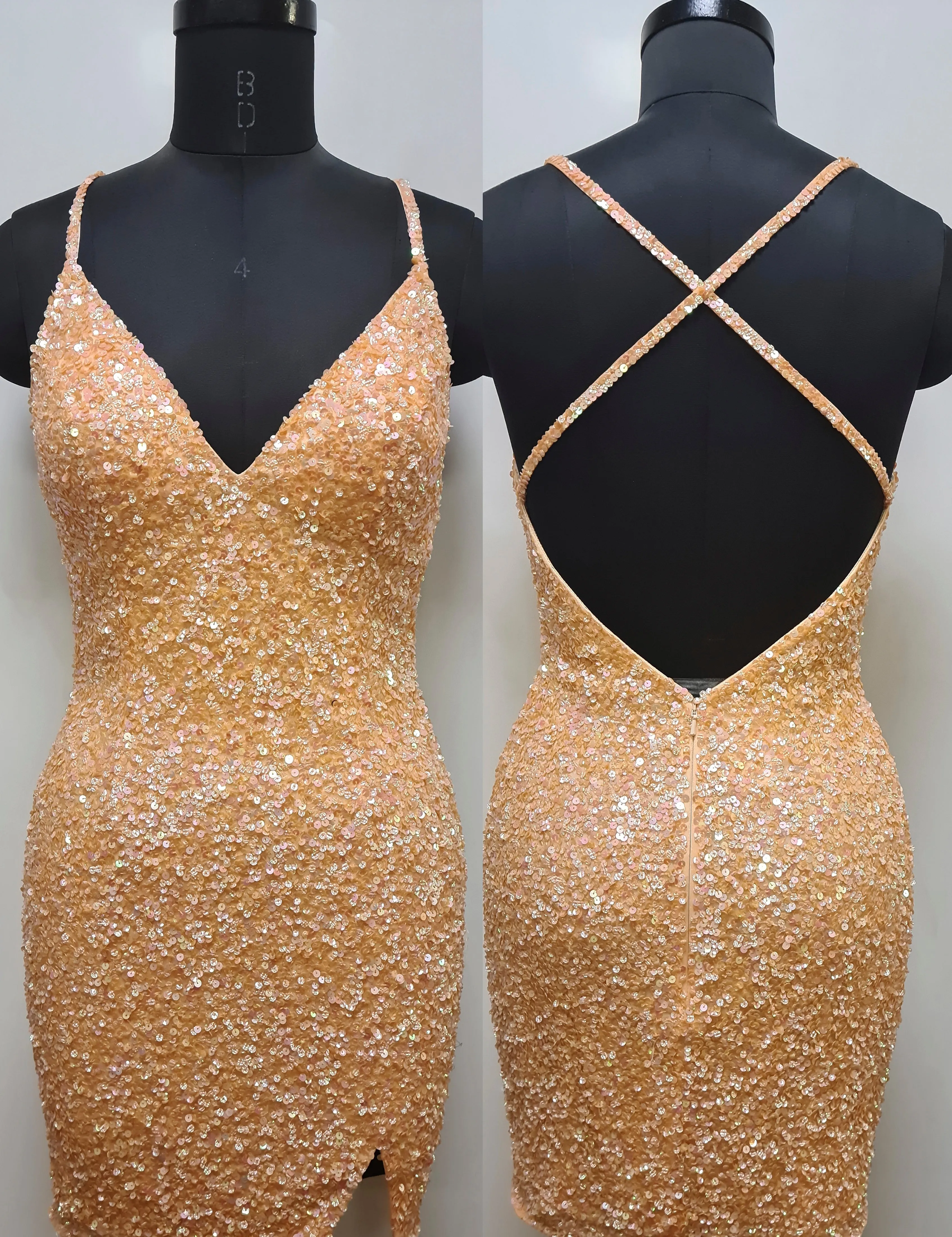 Primavera Couture 3900 Size 8 Crystal Pink Homecoming Dress Sequin Cross Back V-Neck Slit Short Homecoming Cocktail Dress