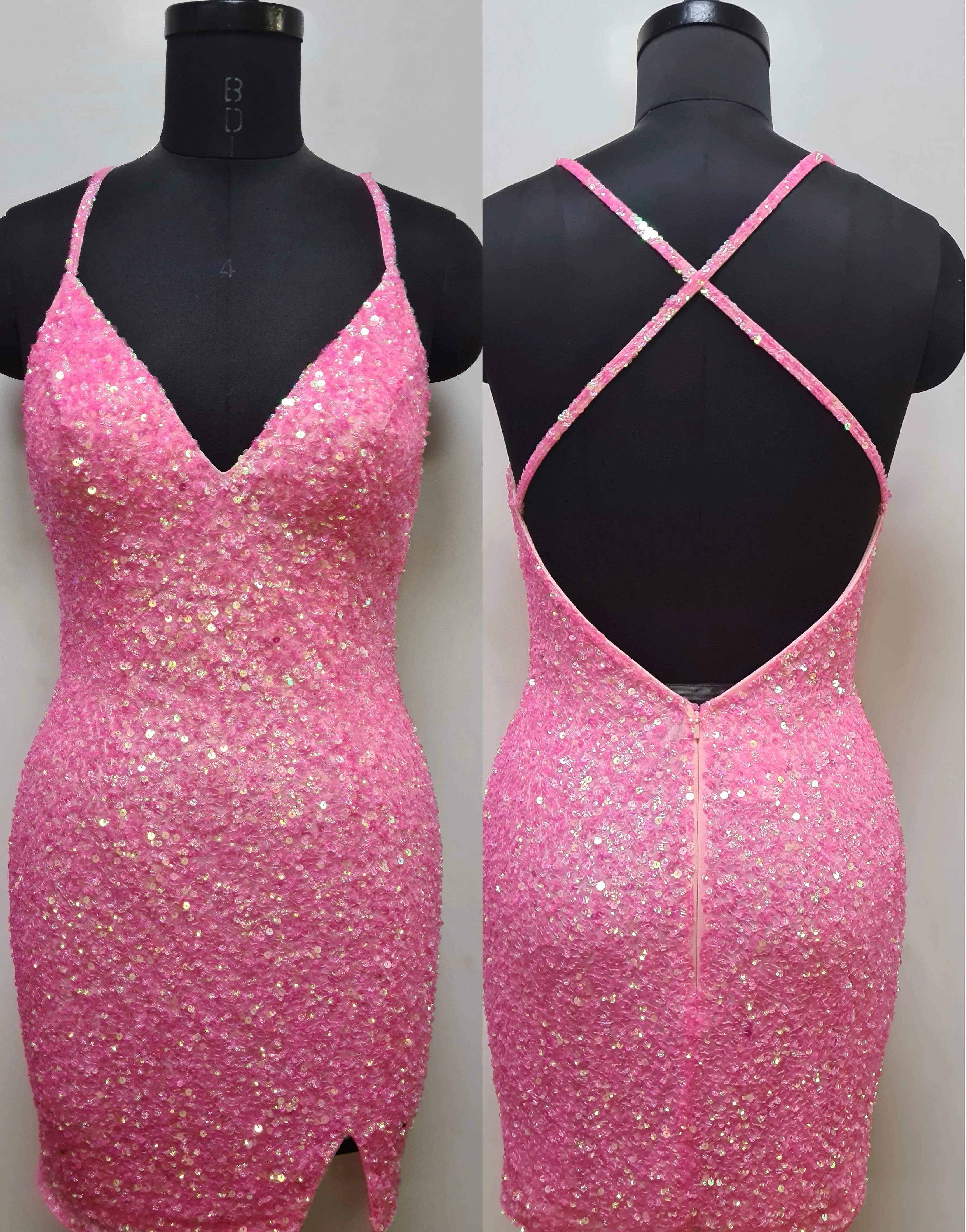 Primavera Couture 3900 Size 8 Crystal Pink Homecoming Dress Sequin Cross Back V-Neck Slit Short Homecoming Cocktail Dress