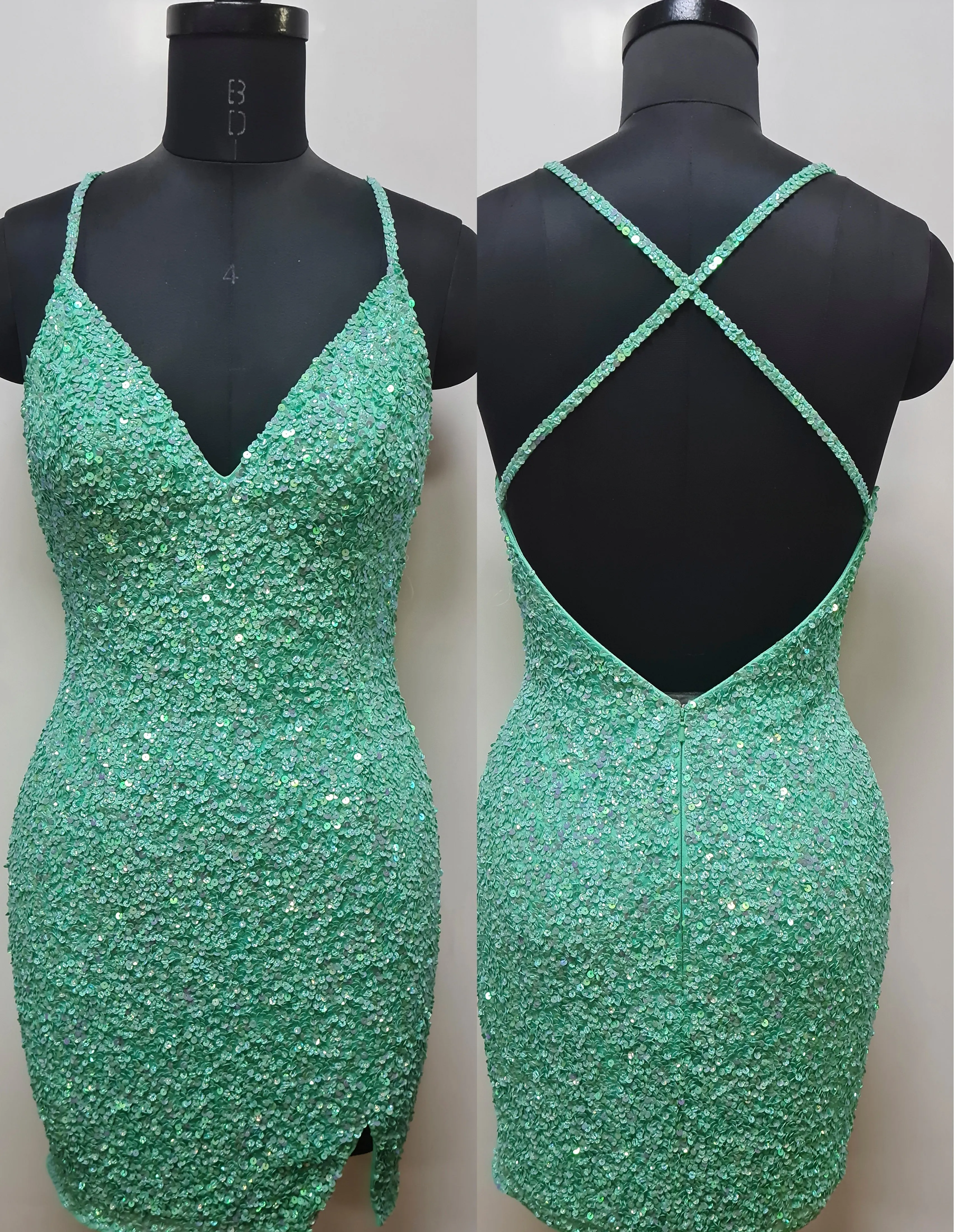 Primavera Couture 3900 Size 8 Crystal Pink Homecoming Dress Sequin Cross Back V-Neck Slit Short Homecoming Cocktail Dress