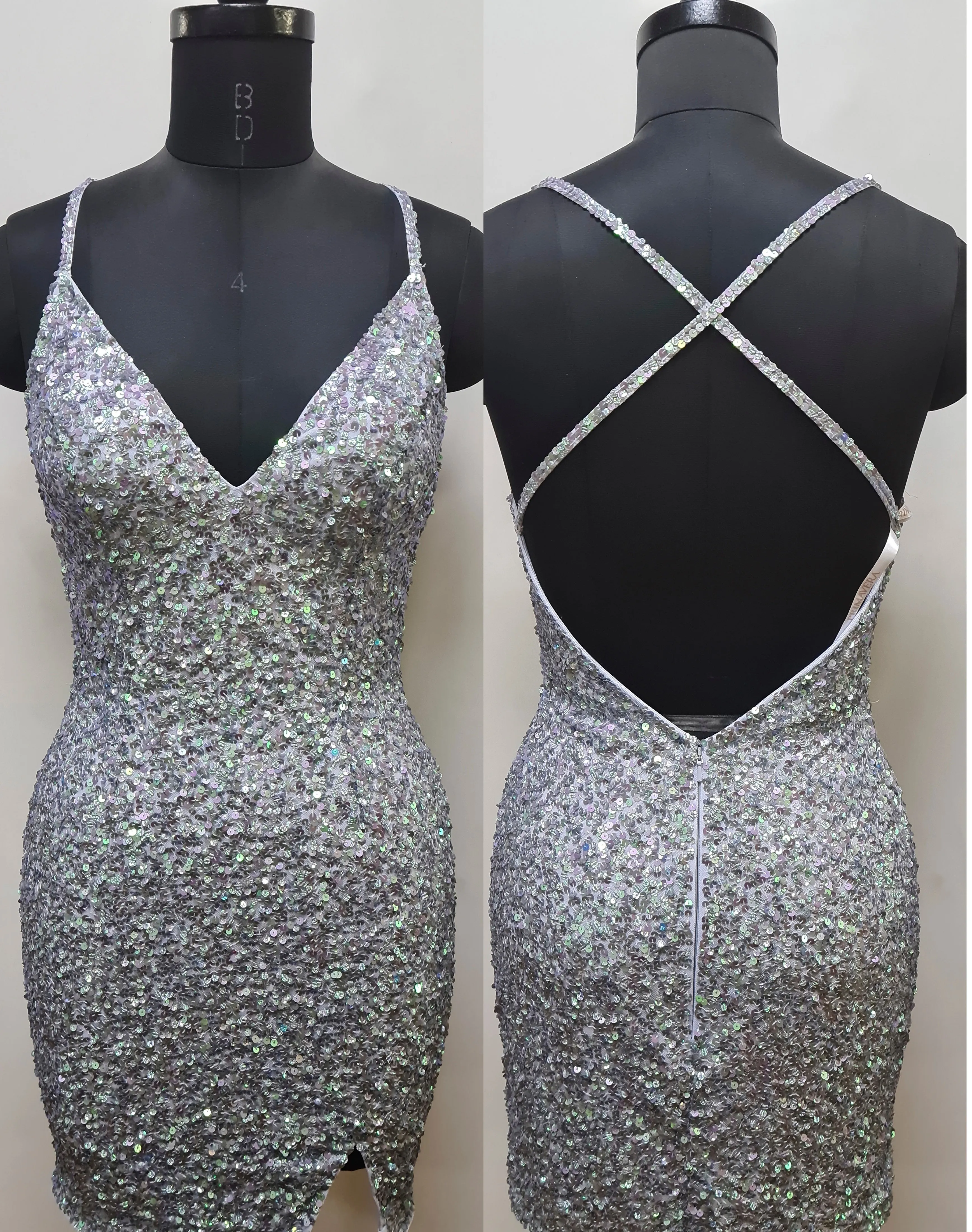 Primavera Couture 3900 Size 8 Crystal Pink Homecoming Dress Sequin Cross Back V-Neck Slit Short Homecoming Cocktail Dress