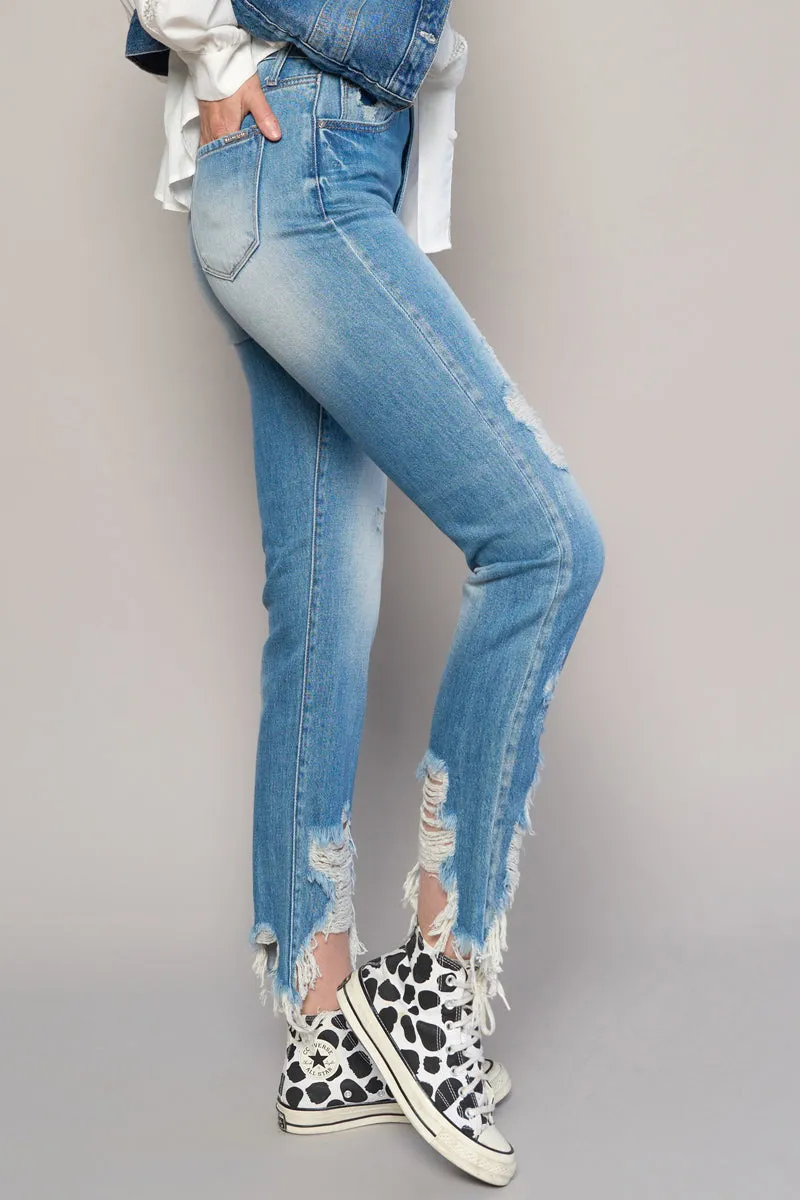 Pure Blue Crew Ripped Girlfriend Jeans Without Belt