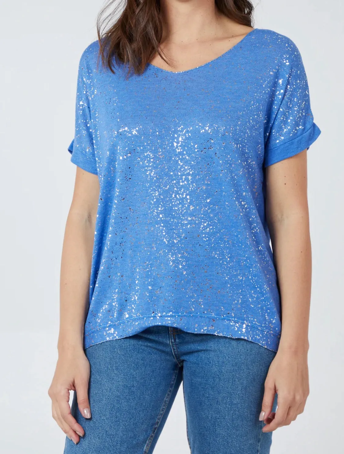 Silver Shimmer Splatter Effect V-Neck Fine Knit T-Shirt (5 Colours)
