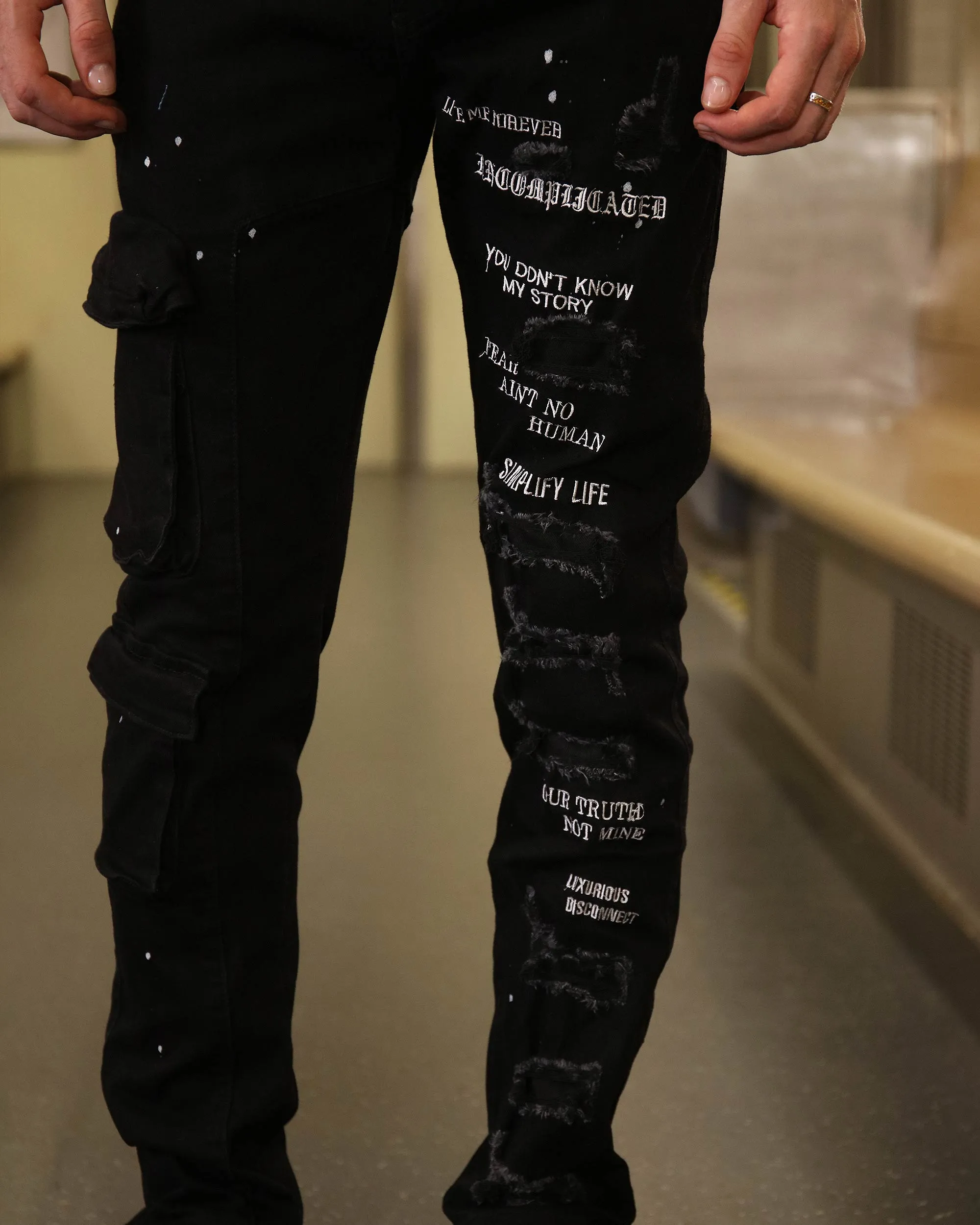 Straight Leg Black Ripped Jeans with Spray Paint Detailing-Mexico Local Delivery