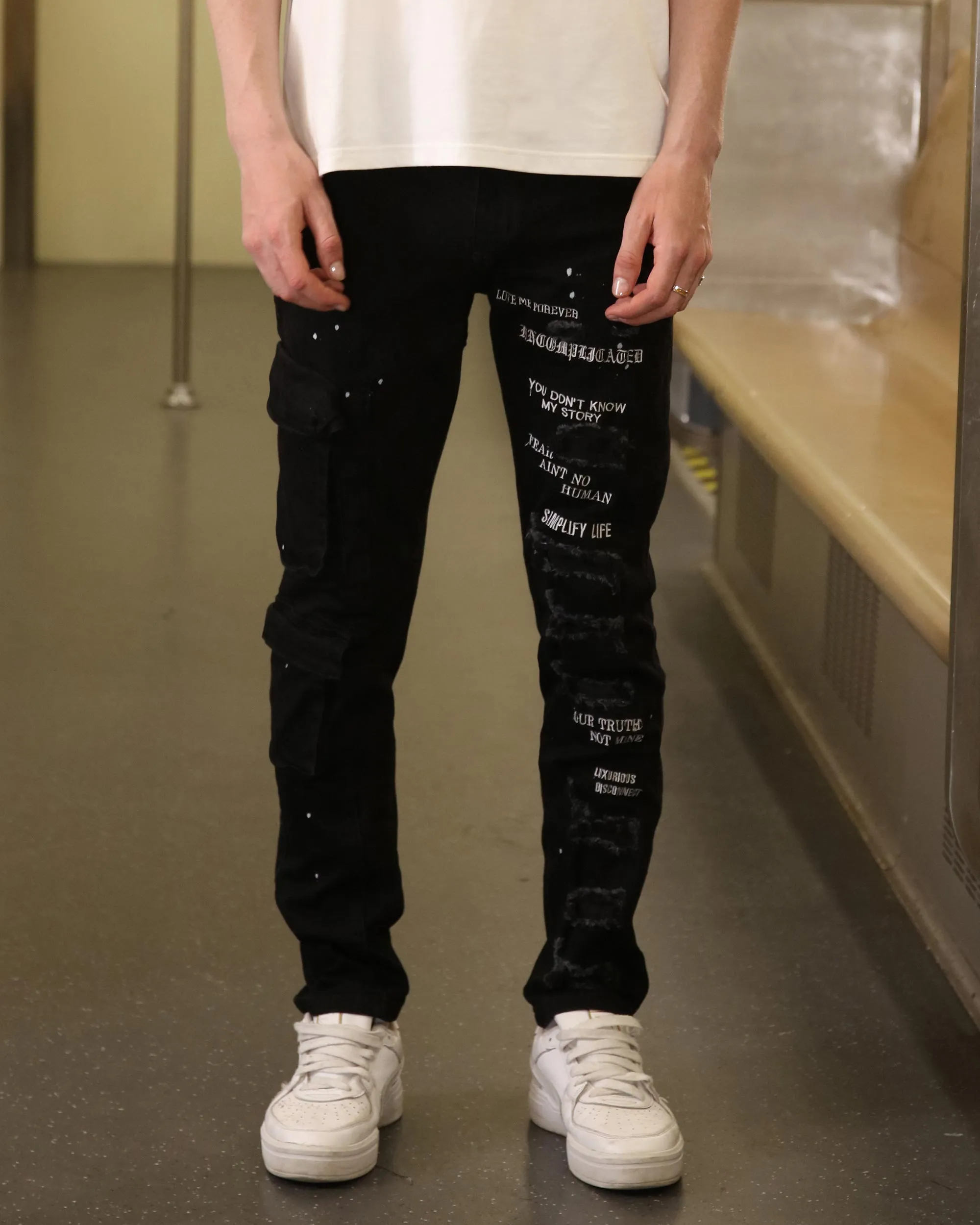 Straight Leg Black Ripped Jeans with Spray Paint Detailing-Mexico Local Delivery