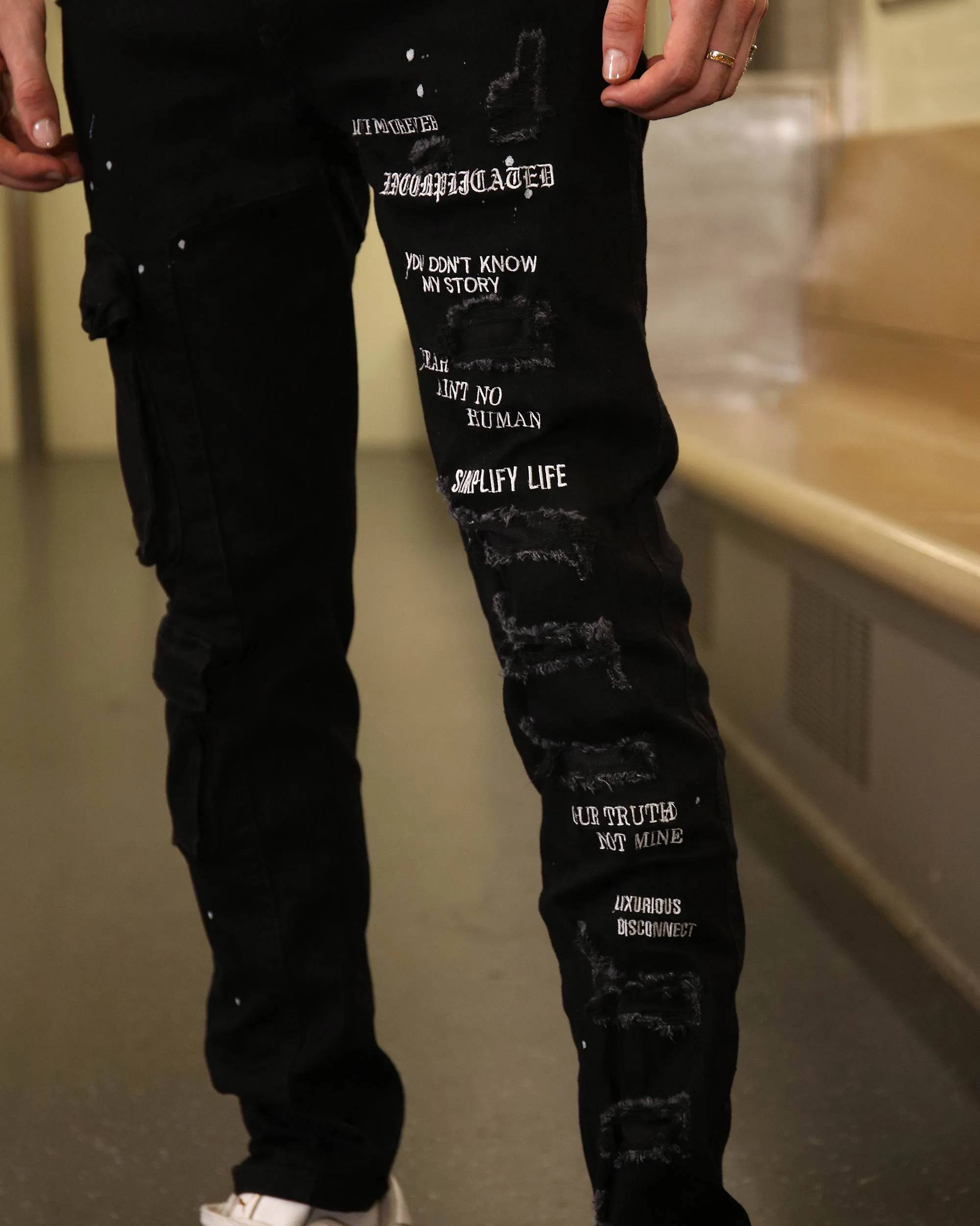 Straight Leg Black Ripped Jeans with Spray Paint Detailing-Mexico Local Delivery