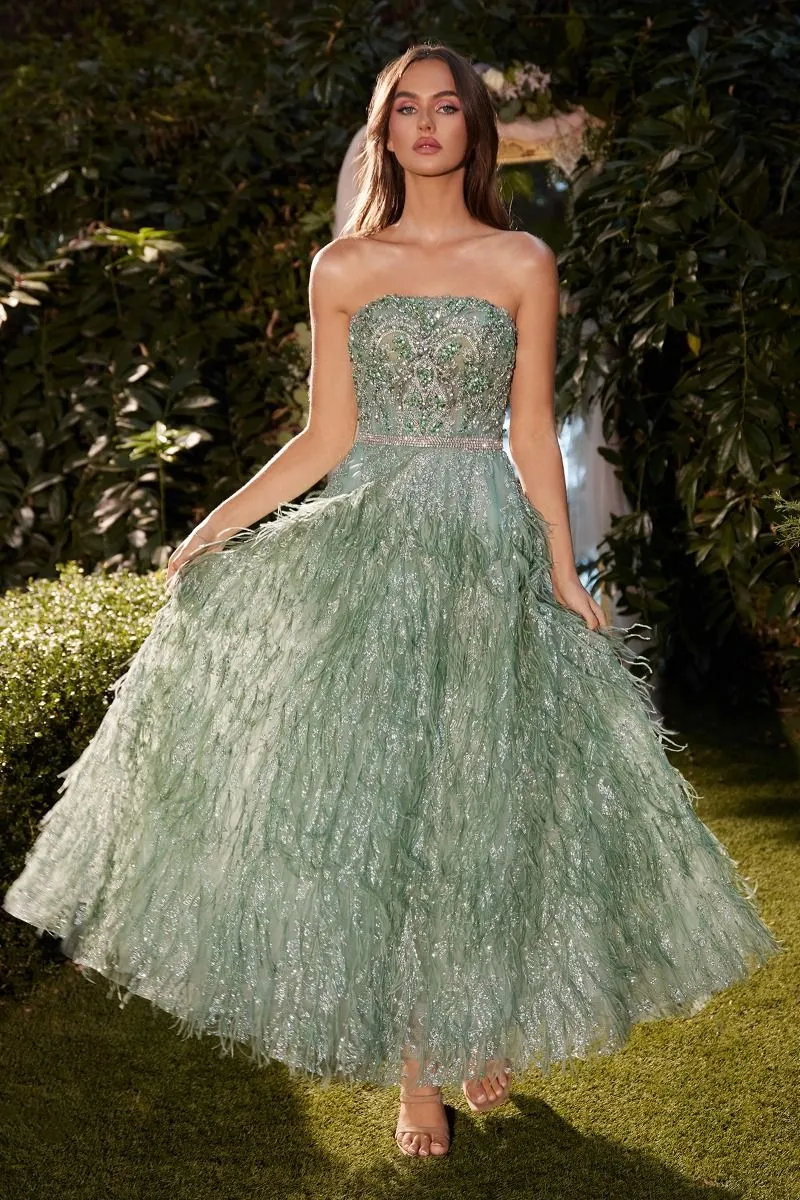 STRAPLESS FEATHER TEA LENGTH SAGE DRESS CDA1226