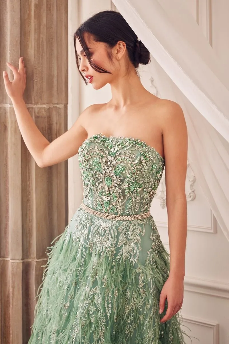 STRAPLESS FEATHER TEA LENGTH SAGE DRESS CDA1226