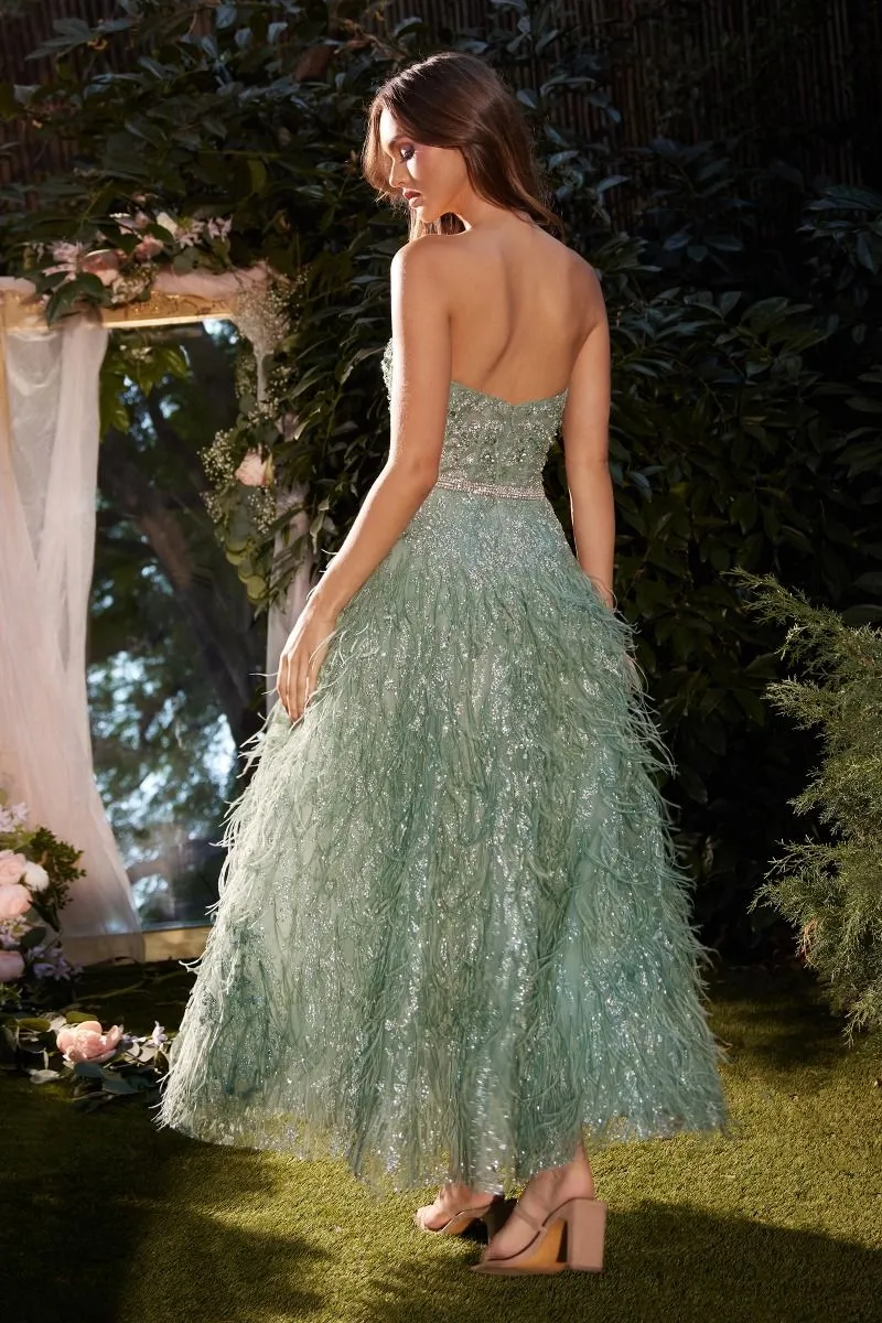STRAPLESS FEATHER TEA LENGTH SAGE DRESS CDA1226