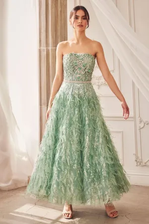 STRAPLESS FEATHER TEA LENGTH SAGE DRESS CDA1226
