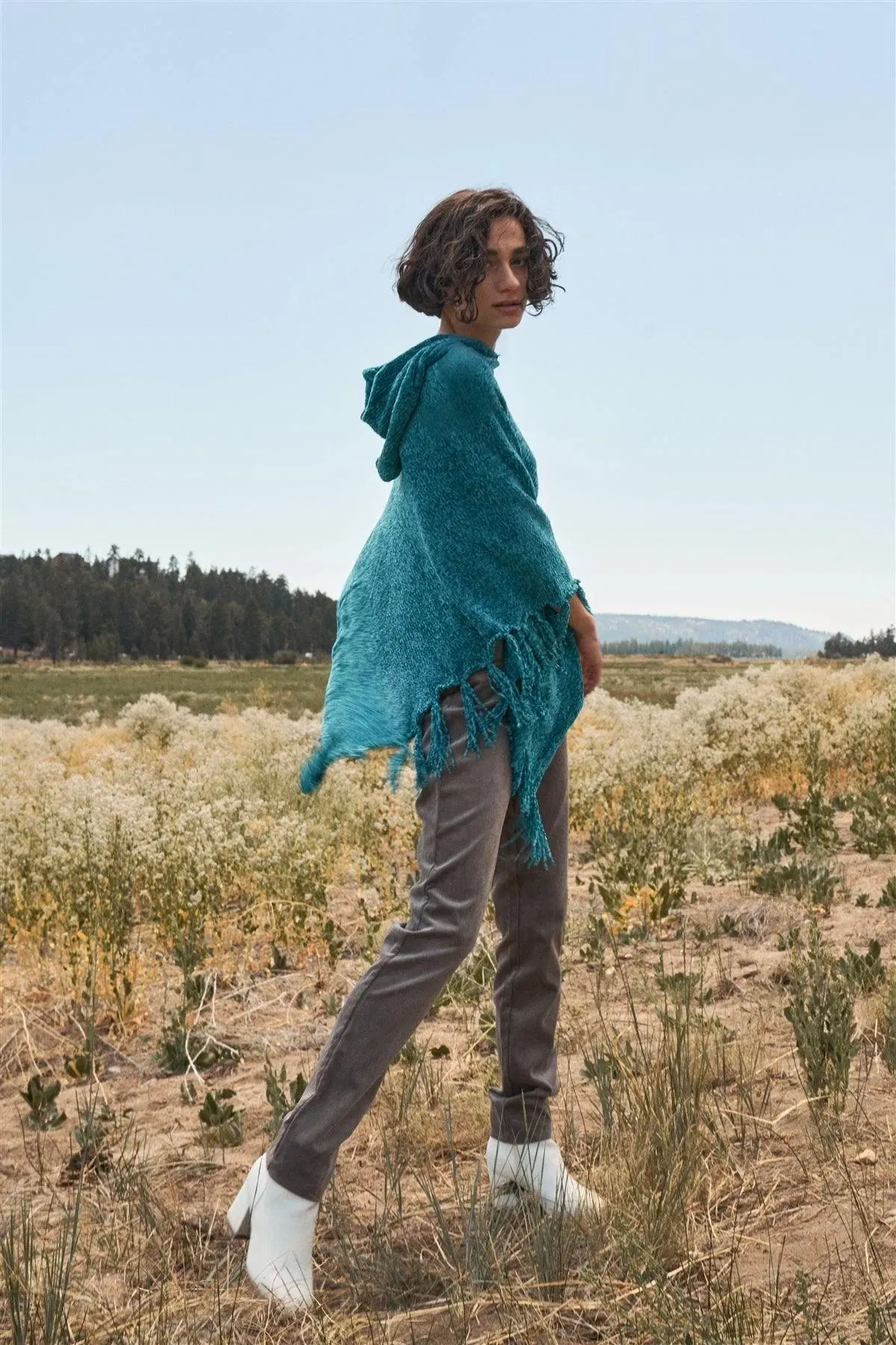 Teal Blue Chenille Knit Tassel Fringe Hooded Poncho