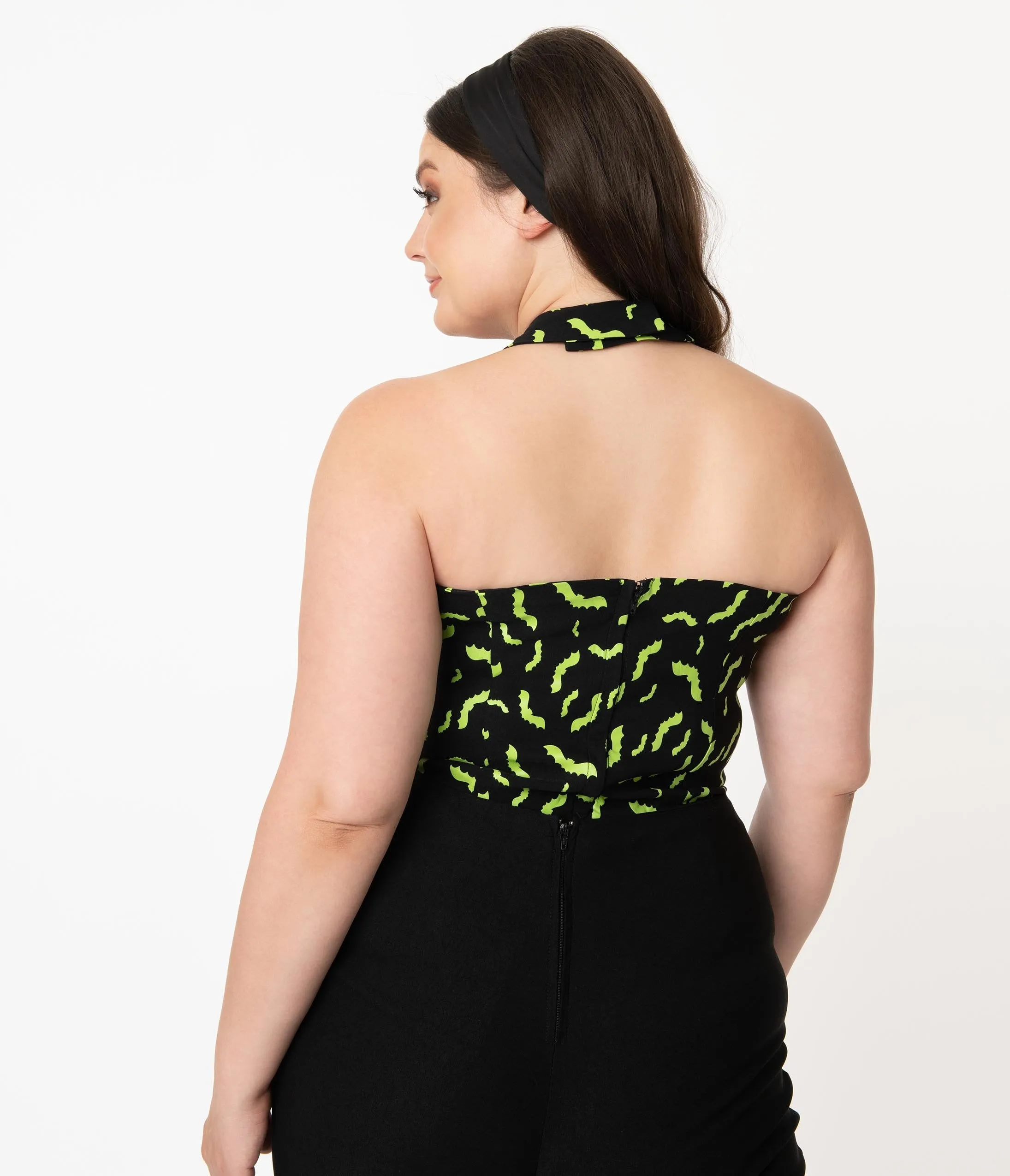 Unique Vintage Plus Size Black & Neon Green Bats Rita Halter Top