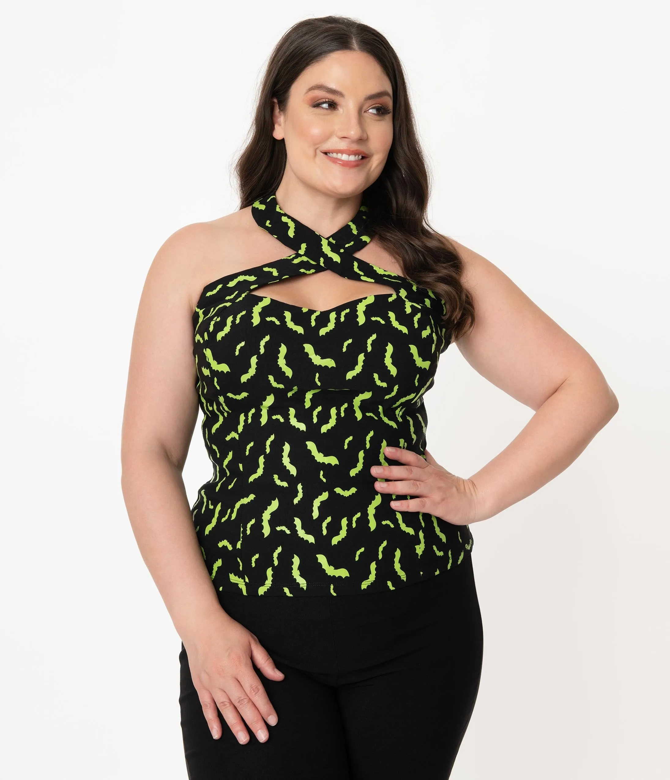 Unique Vintage Plus Size Black & Neon Green Bats Rita Halter Top