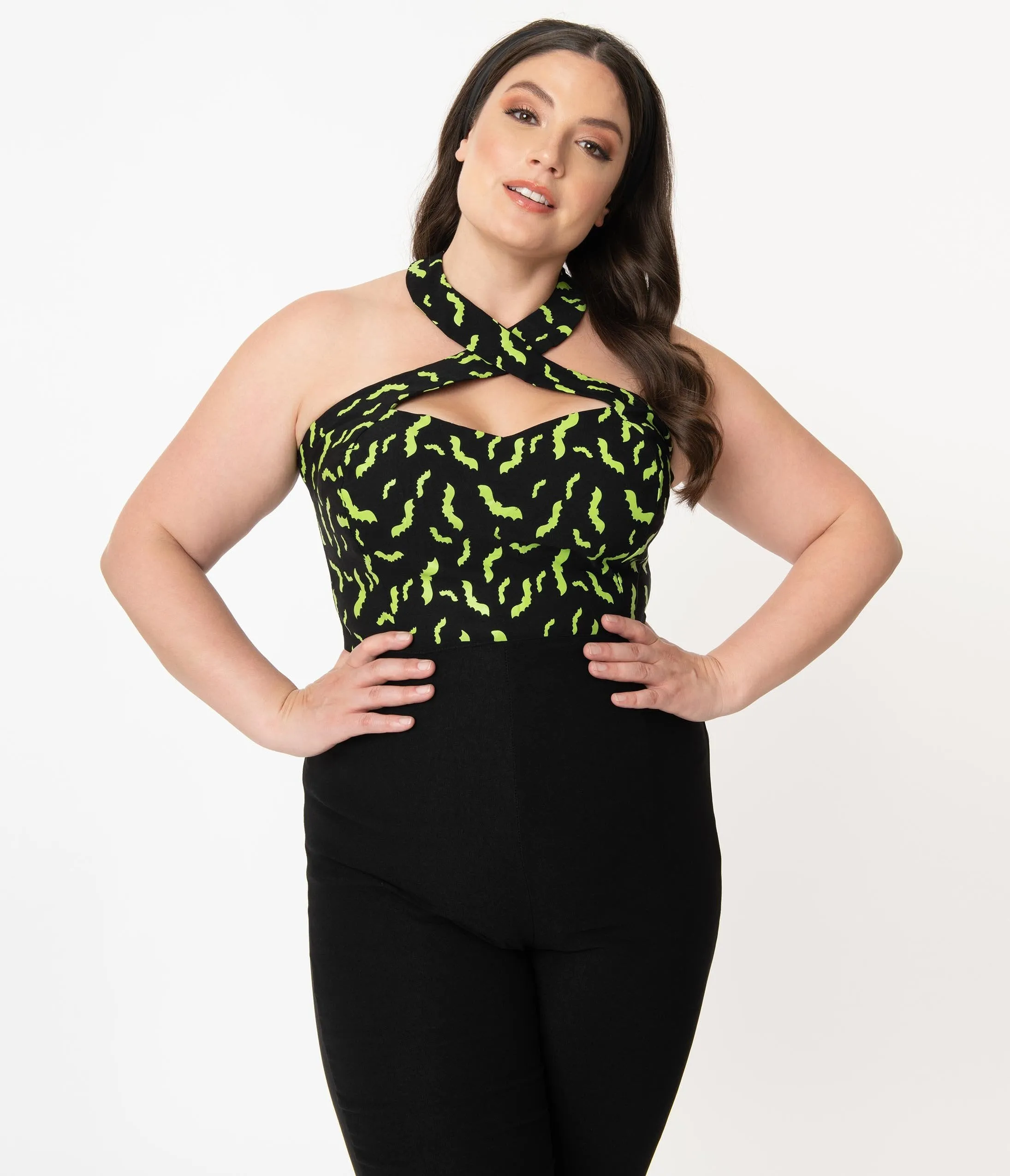 Unique Vintage Plus Size Black & Neon Green Bats Rita Halter Top