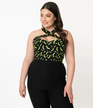 Unique Vintage Plus Size Black & Neon Green Bats Rita Halter Top