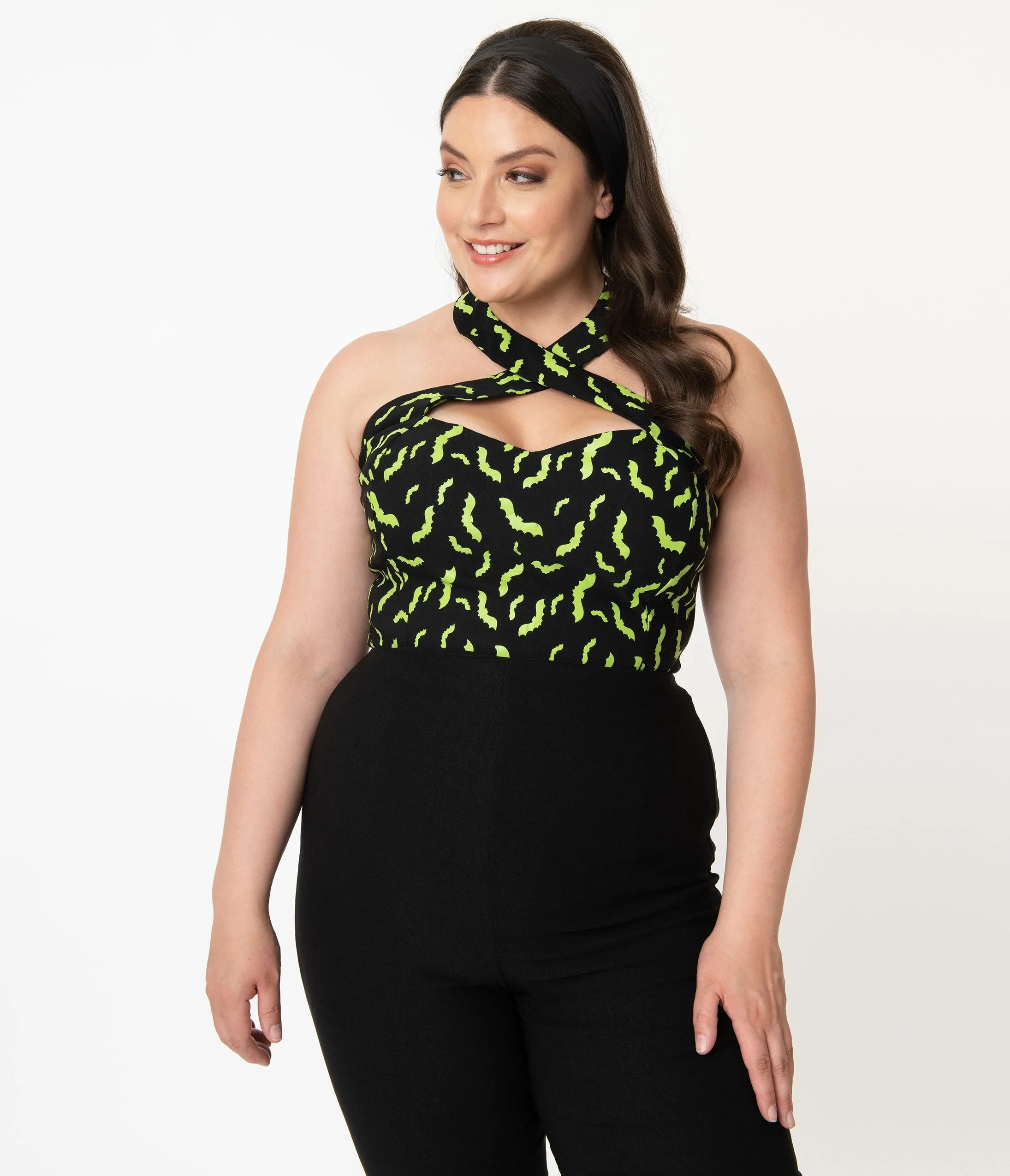 Unique Vintage Plus Size Black & Neon Green Bats Rita Halter Top