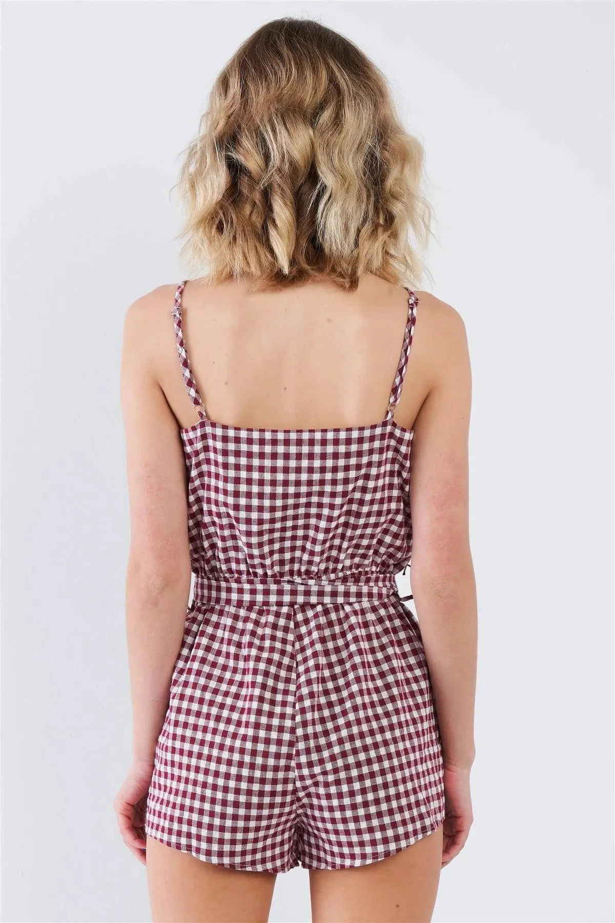 Wine Checkered Layered Bow Cut Out Short Romper  /3-2-1