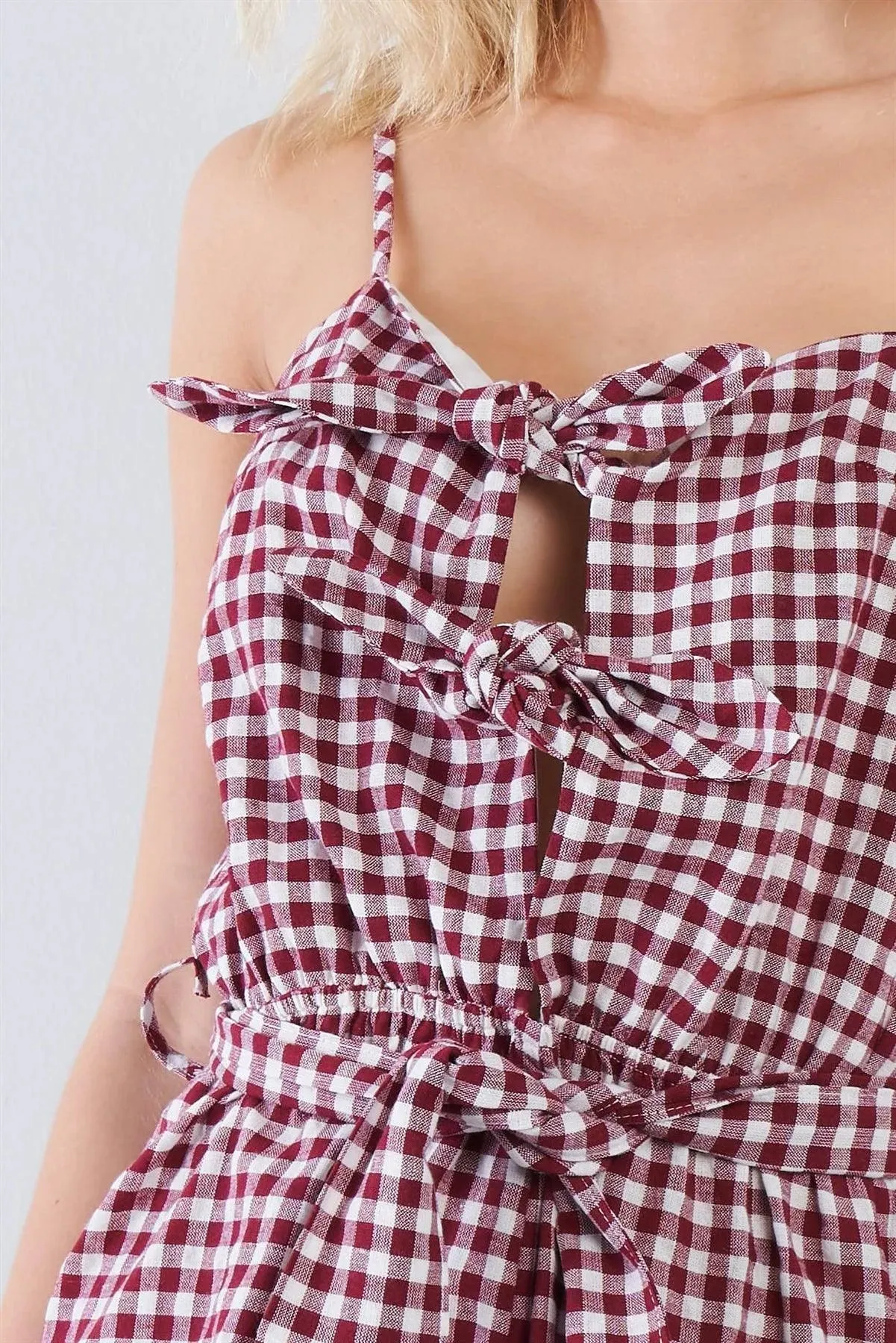 Wine Checkered Layered Bow Cut Out Short Romper  /3-2-1
