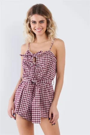 Wine Checkered Layered Bow Cut Out Short Romper  /3-2-1