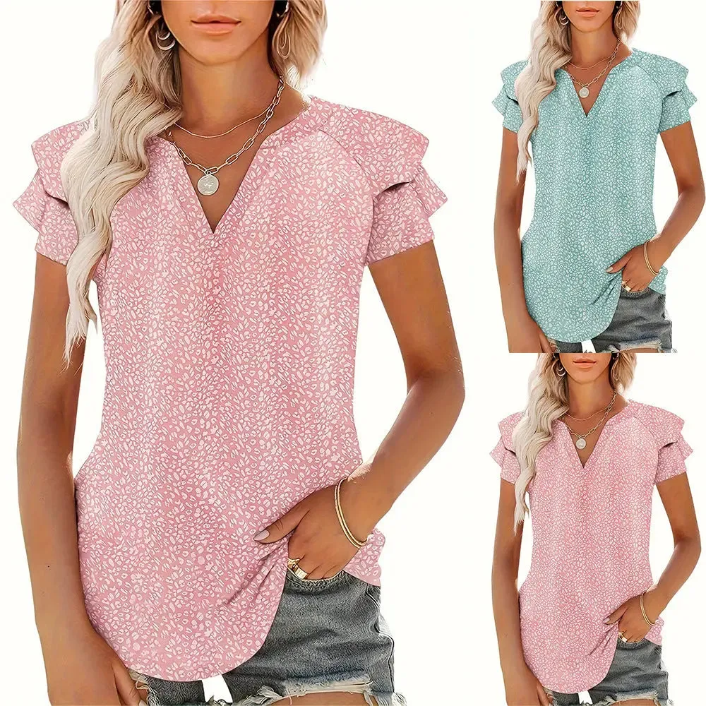 Women's V-neck Pleated Short Sleeves T-shirt - Chic & Comfortable Style