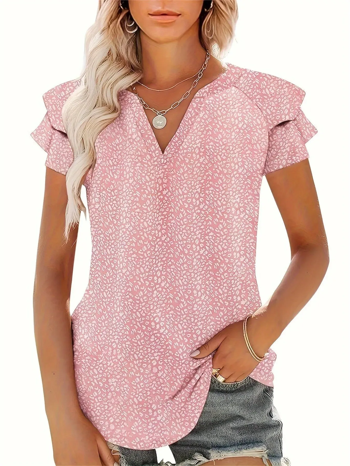 Women's V-neck Pleated Short Sleeves T-shirt - Chic & Comfortable Style