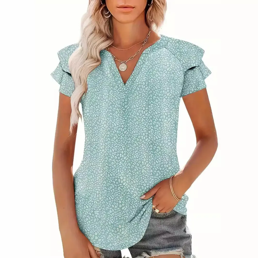 Women's V-neck Pleated Short Sleeves T-shirt - Chic & Comfortable Style