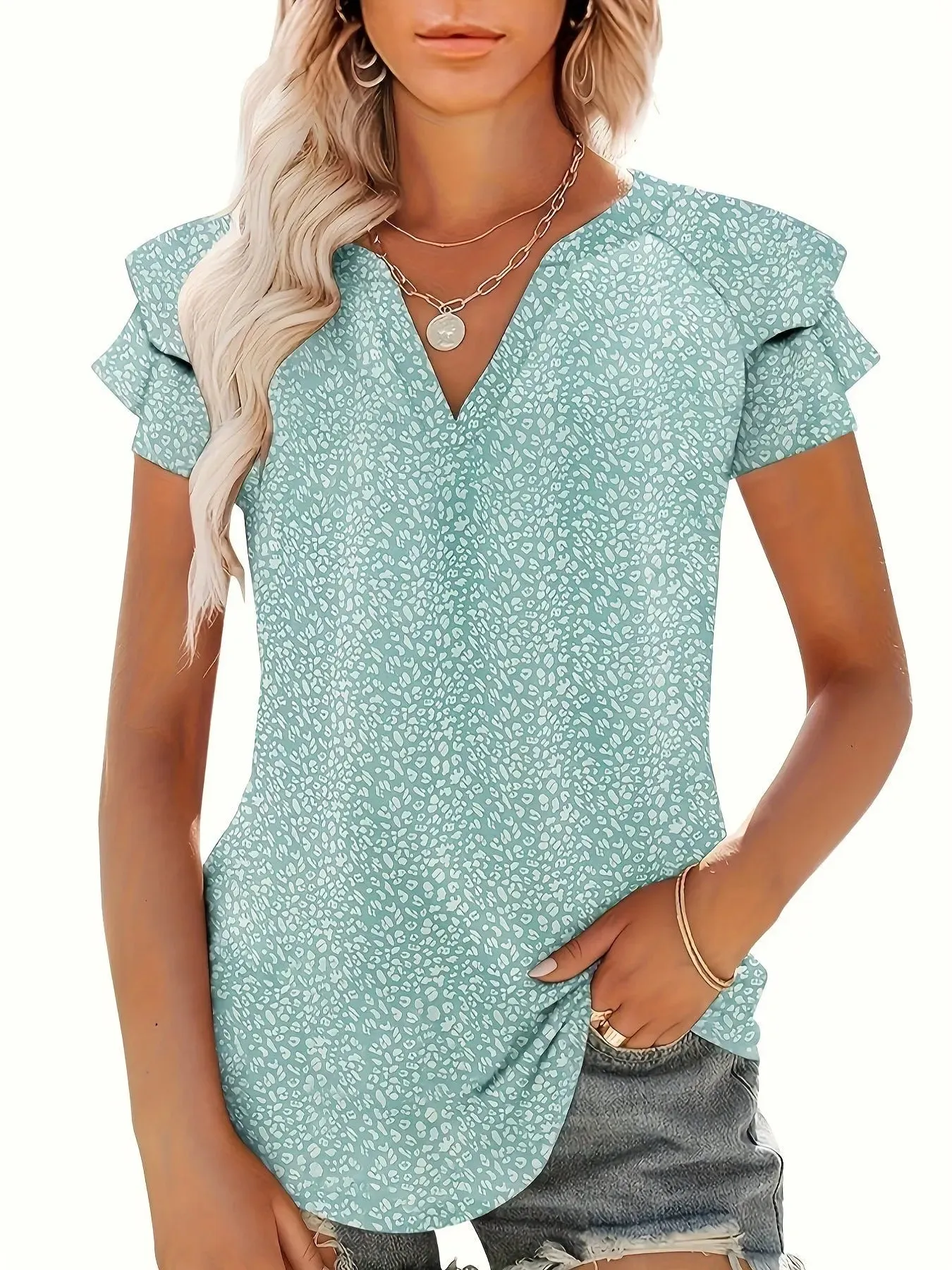 Women's V-neck Pleated Short Sleeves T-shirt - Chic & Comfortable Style